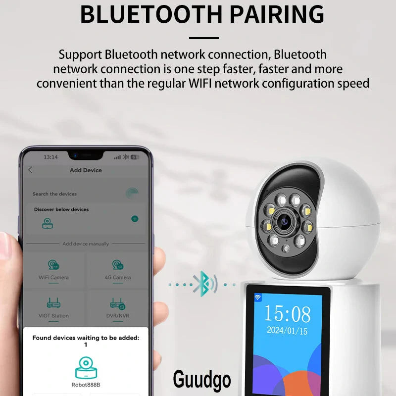 Guudgo 3MP WLAN PTZ IP Dome Kamera mit 2,8 IPS Bildschirm, Nachtsicht, humanoider Verfolgung, Alarmbenachrichtigung, Babyphone, iCSEE APP, Gegensprechanlage und Fernbedienung