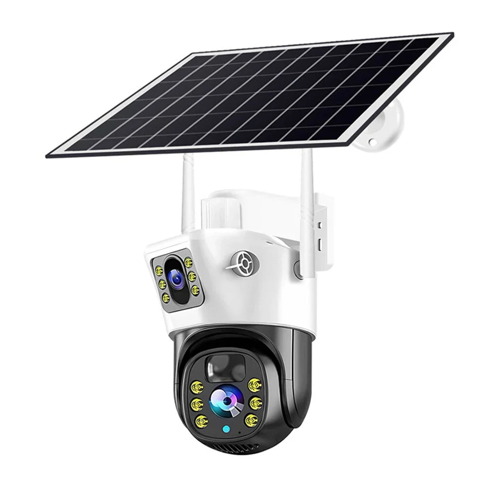 V380 Dual-Lens 4MP Solar Wireless-IP-Kamera Außen, 360° Ansicht, IP66 wasserdicht, Zwei-Wege-Audio, PIR-Bewegungserkennung, 400MP insgesamt, WiFi-Sicherheit