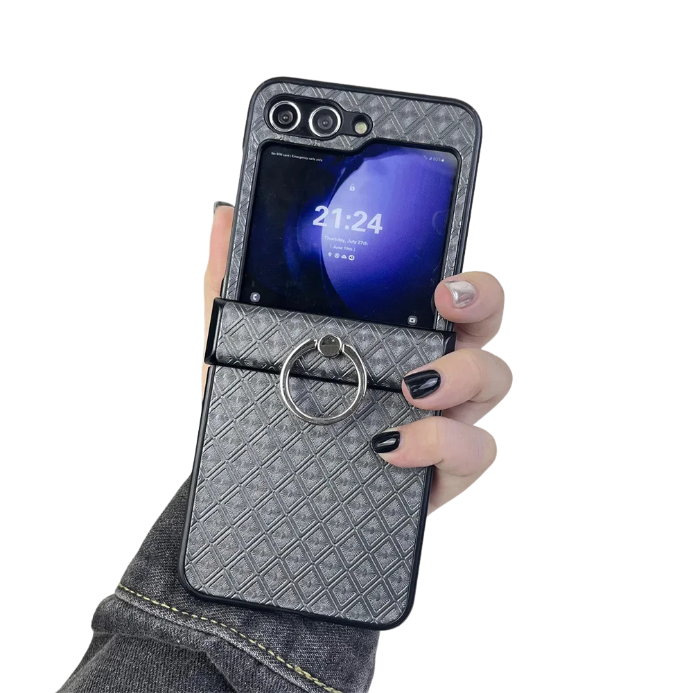 Diamond Grid Leder Samsung Z Flip Ring Halter Case