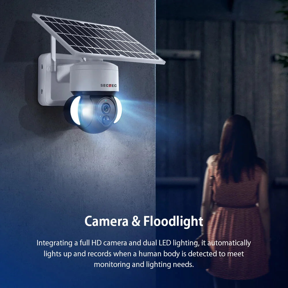 SECTEC 3MP HD 4G Solar Flutlichtkamera mit Bewegungsmelder, Farb-Nachtsicht, Gegensprechfunktion, IP66 wasserdicht für die Sicherheit im Freien