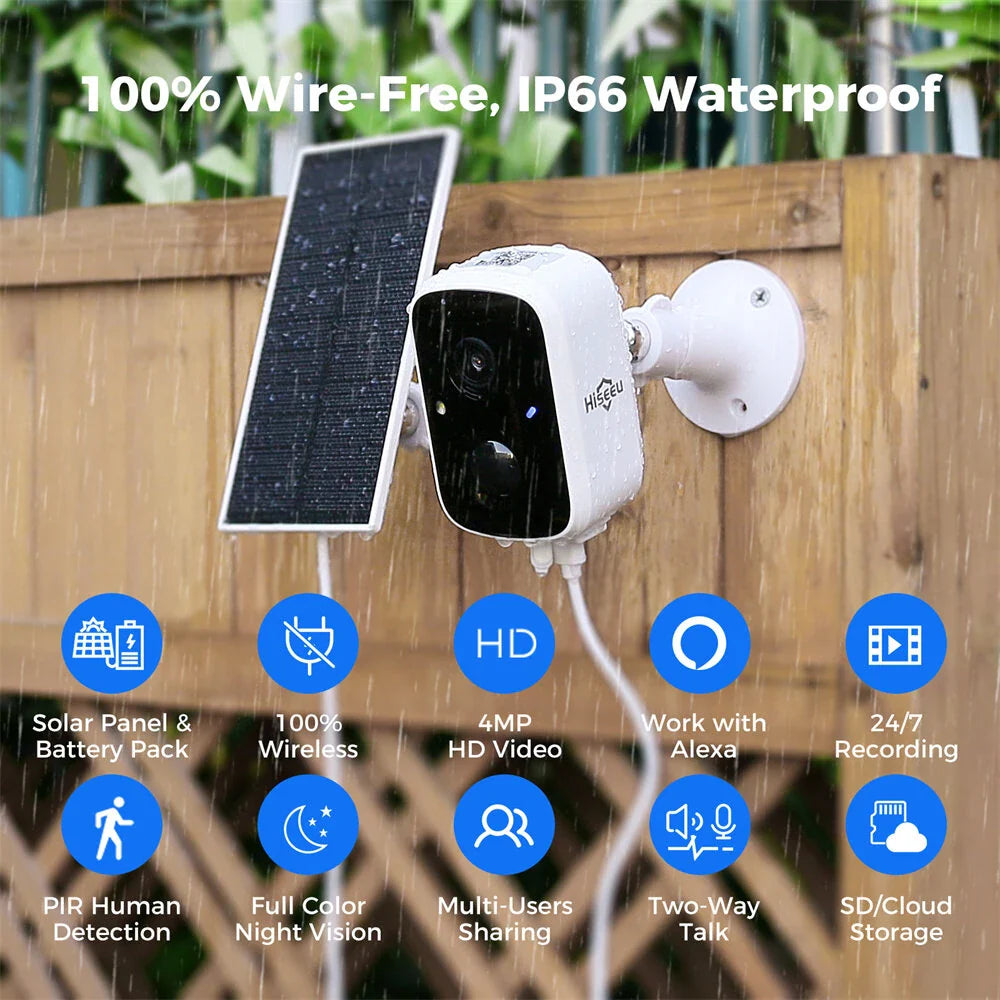 Hiseeu C90 4MP Solar WiFi IP Kamera - HD Nachtsicht, AI Bewegungsdetektion, Zwei-Wege-Audio, 100% kabellos mit 1.6W Solarpanel & Eseecloud App