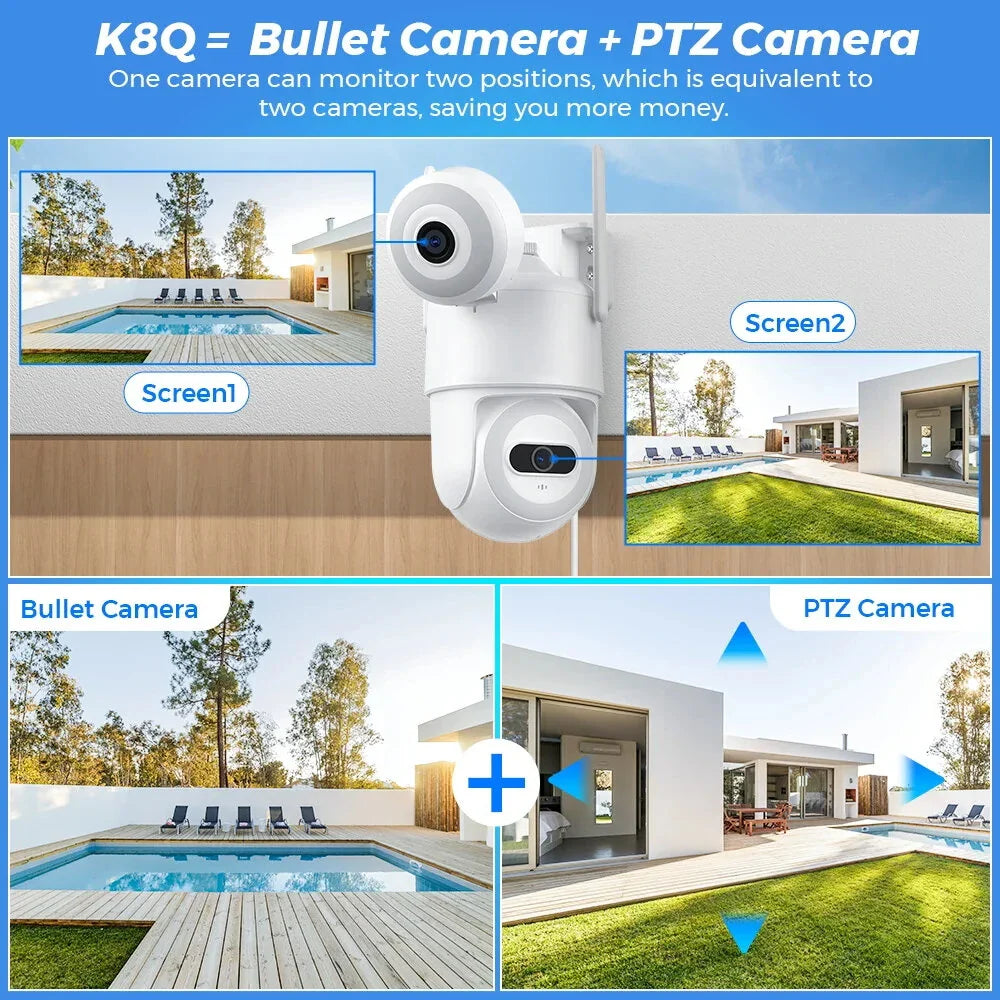 Guudgo 4K WiFi PTZ Outdoor Kamera, Dual-Screen, Menschenerkennung, Nachtsicht, Zwei-Wege-Audio, IP66 Wasserdicht, Bluetooth/ Kabelgebundene CCTV