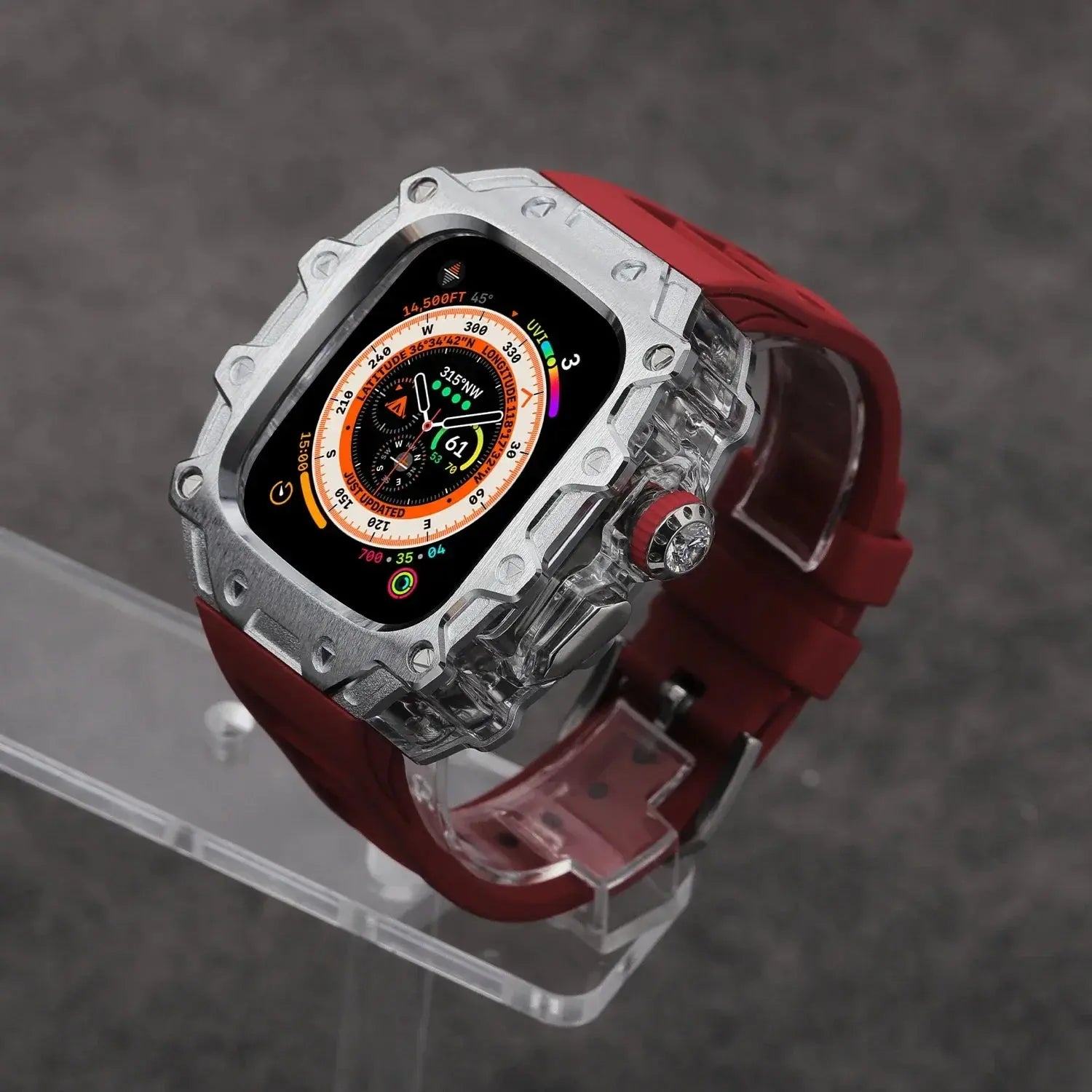Kombination aus Gehäuse aus Titanlegierung und Fluorkautschukarmband für die Apple Watch Ultra und Ultra 2