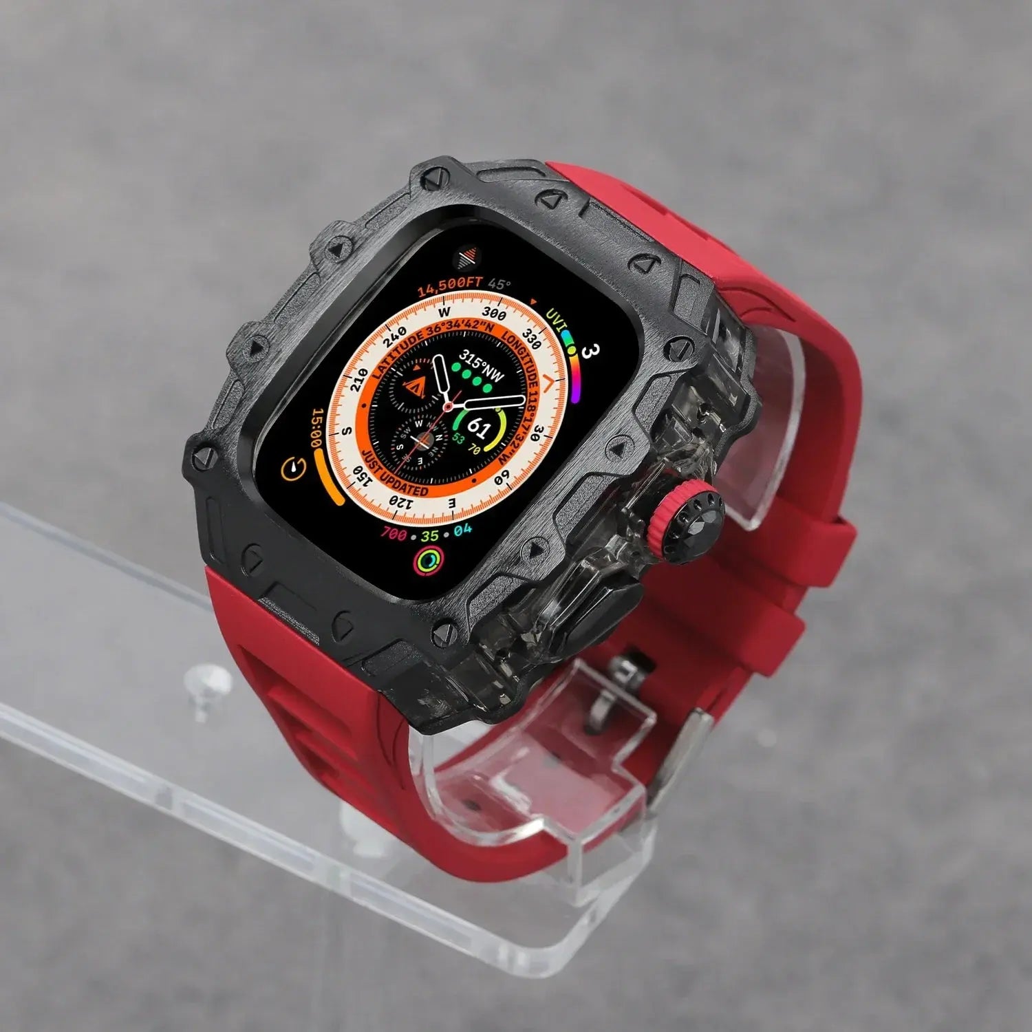 Kombination aus Gehäuse aus Titanlegierung und Fluorkautschukarmband für die Apple Watch Ultra und Ultra 2