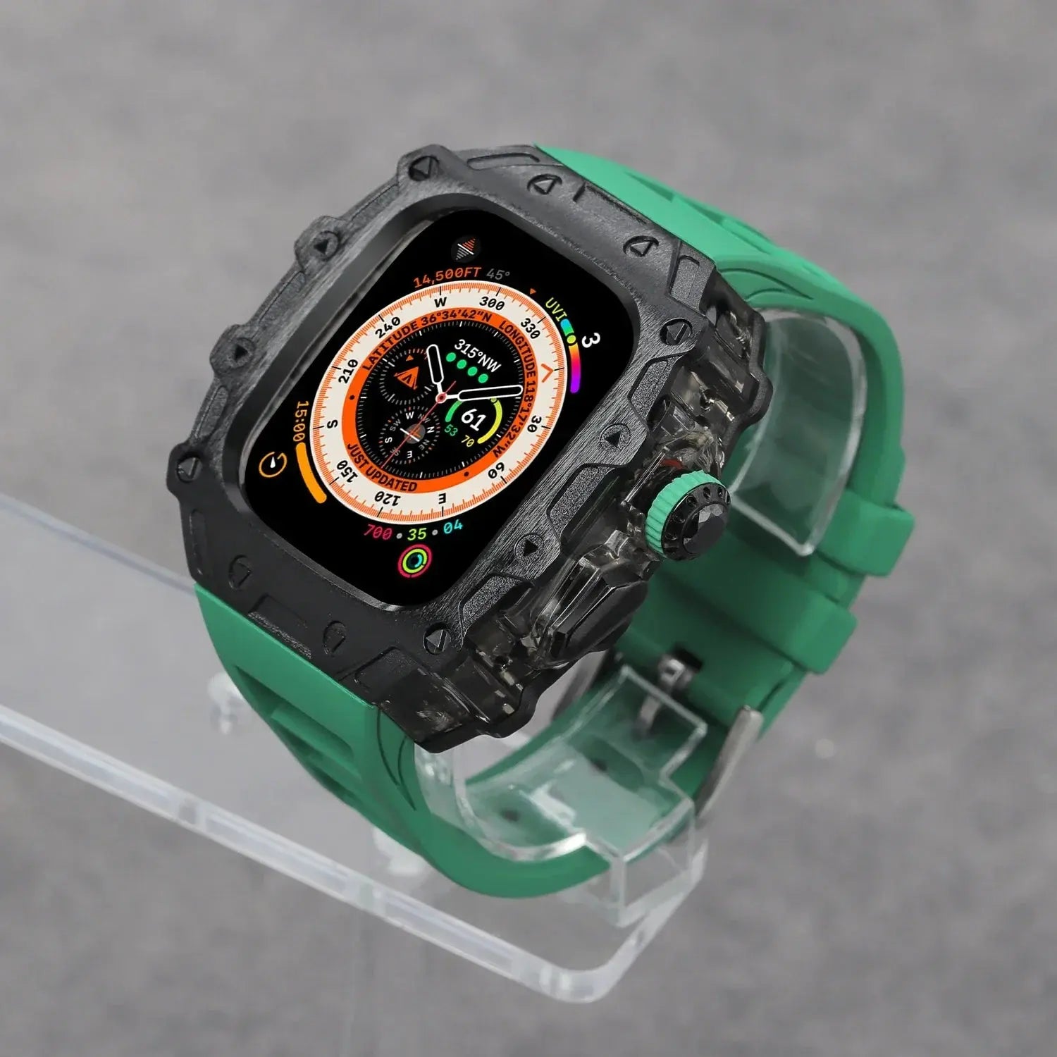 Kombination aus Gehäuse aus Titanlegierung und Fluorkautschukarmband für die Apple Watch Ultra und Ultra 2