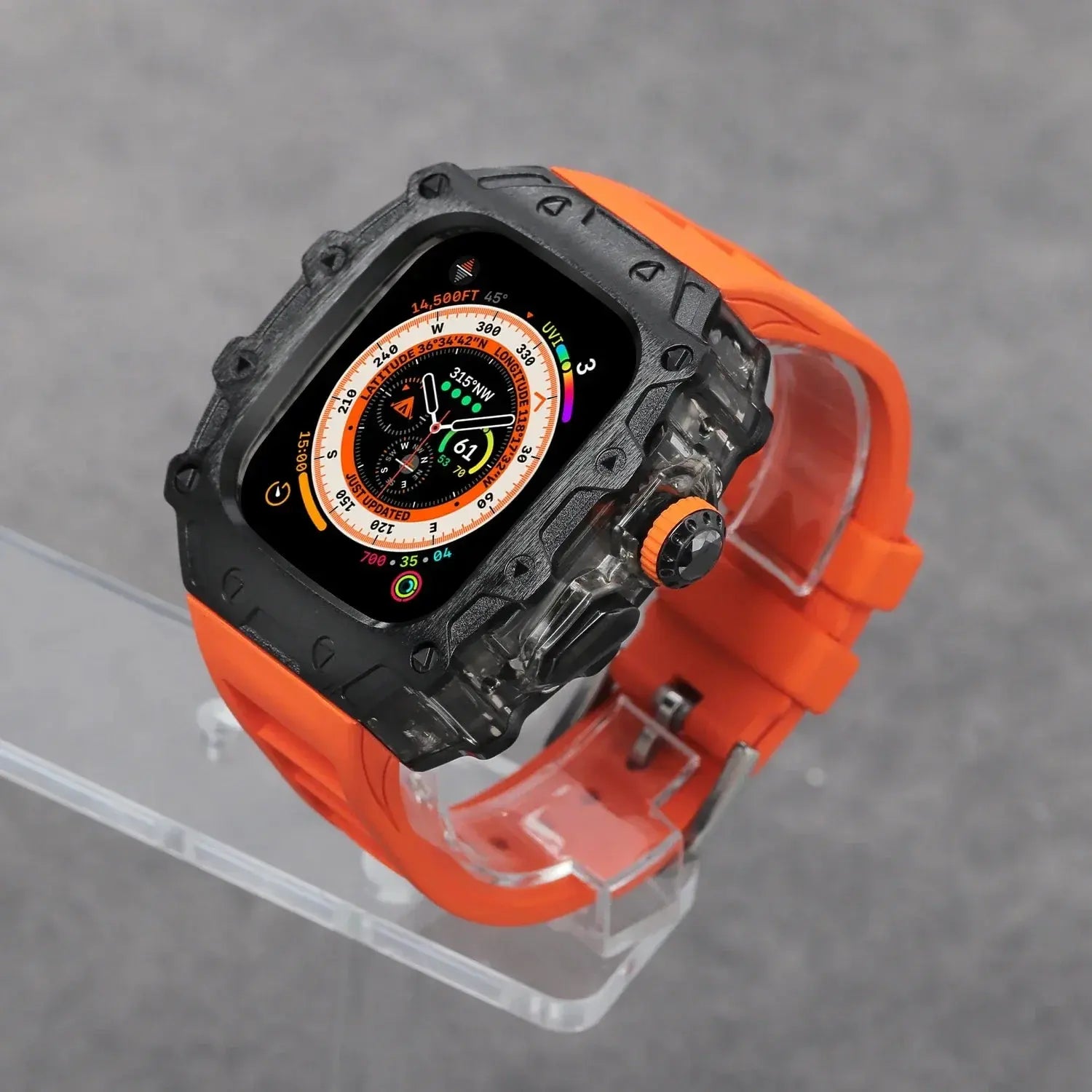 Kombination aus Gehäuse aus Titanlegierung und Fluorkautschukarmband für die Apple Watch Ultra und Ultra 2