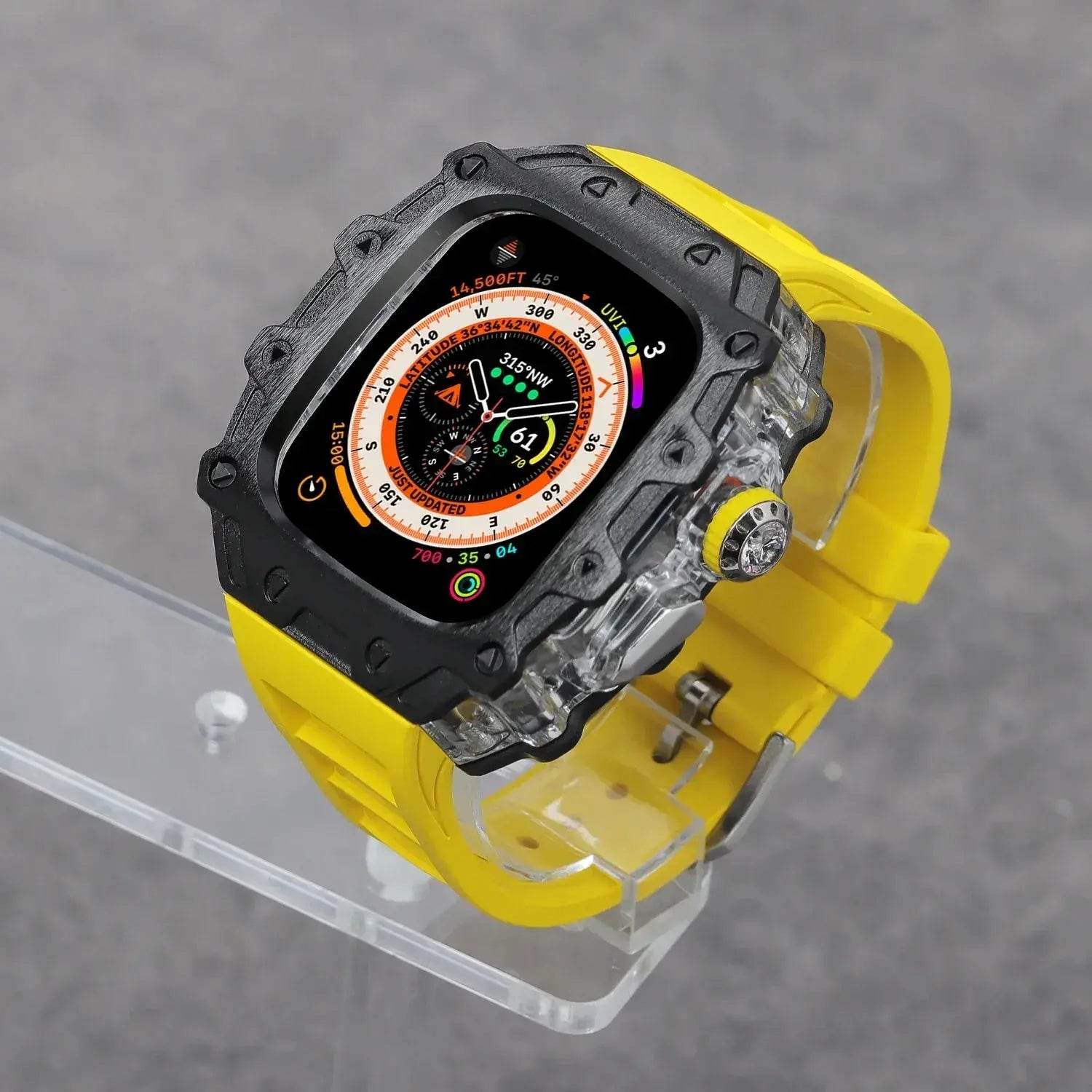 Kombination aus Gehäuse aus Titanlegierung und Fluorkautschukarmband für die Apple Watch Ultra und Ultra 2