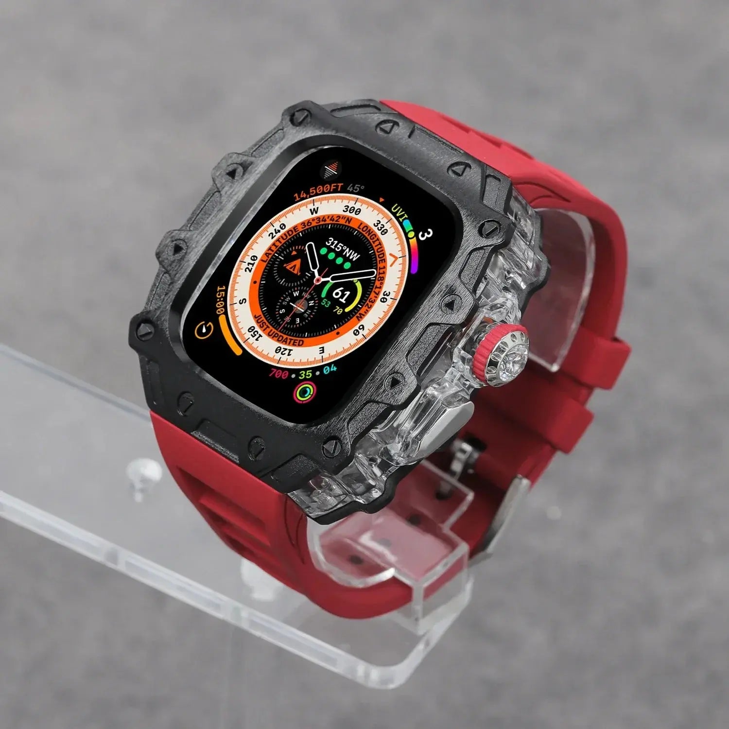 Kombination aus Gehäuse aus Titanlegierung und Fluorkautschukarmband für die Apple Watch Ultra und Ultra 2