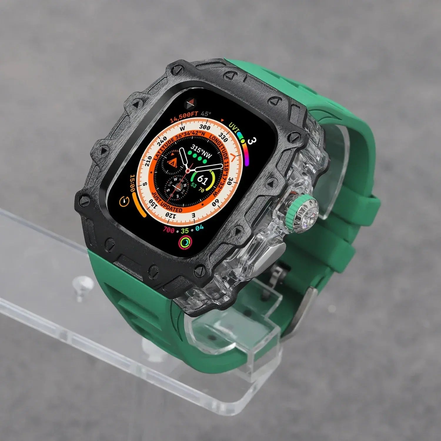 Kombination aus Gehäuse aus Titanlegierung und Fluorkautschukarmband für die Apple Watch Ultra und Ultra 2