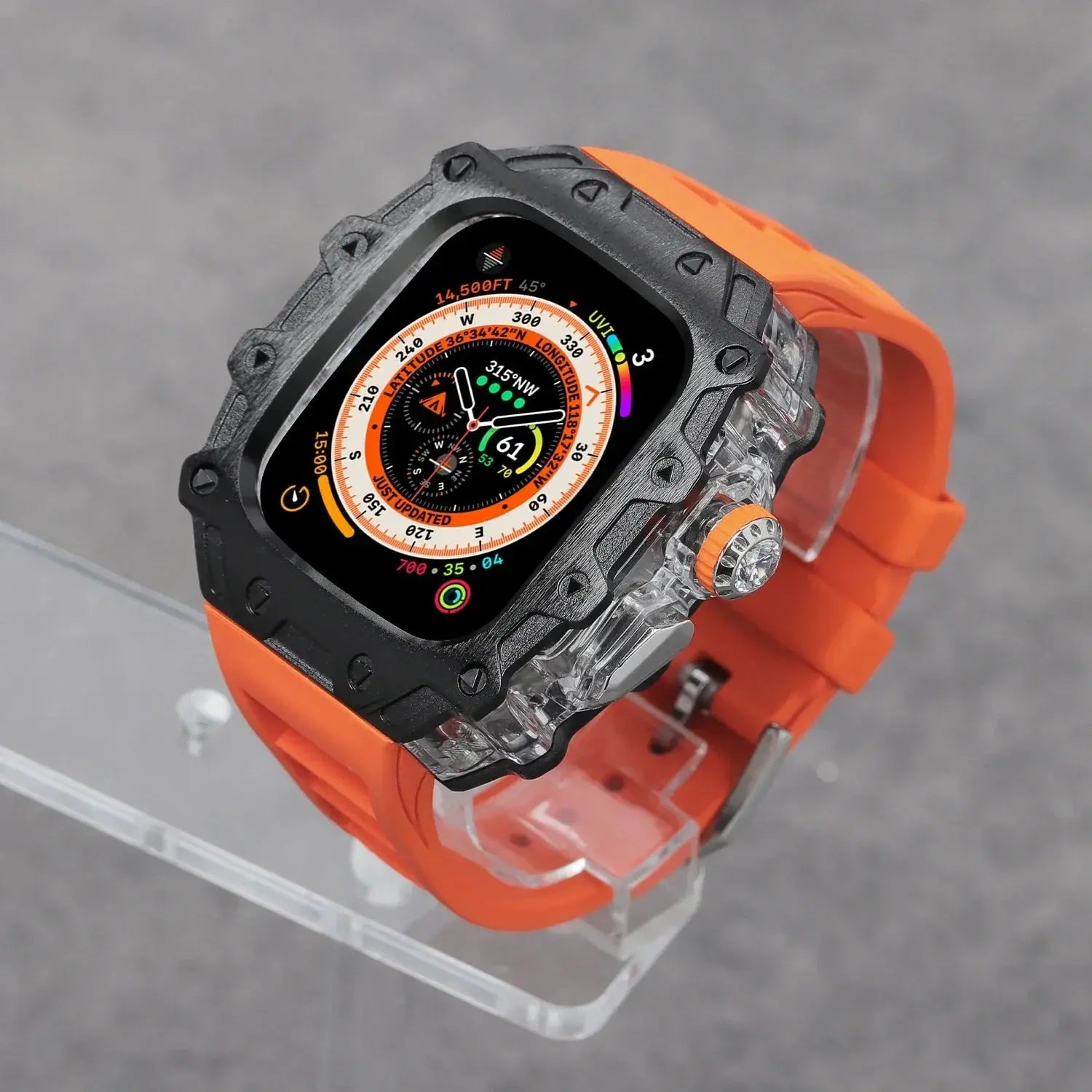 Kombination aus Gehäuse aus Titanlegierung und Fluorkautschukarmband für die Apple Watch Ultra und Ultra 2