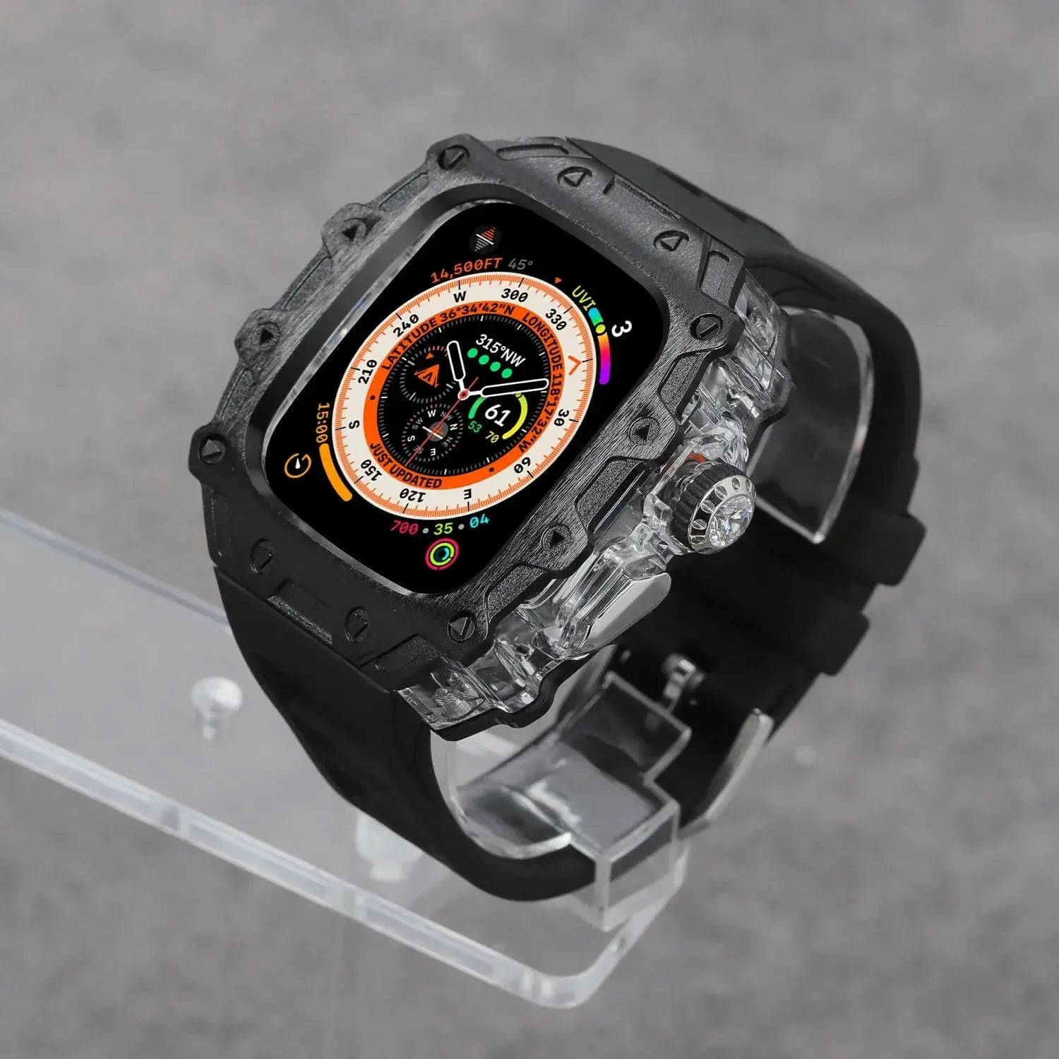 Kombination aus Gehäuse aus Titanlegierung und Fluorkautschukarmband für die Apple Watch Ultra und Ultra 2