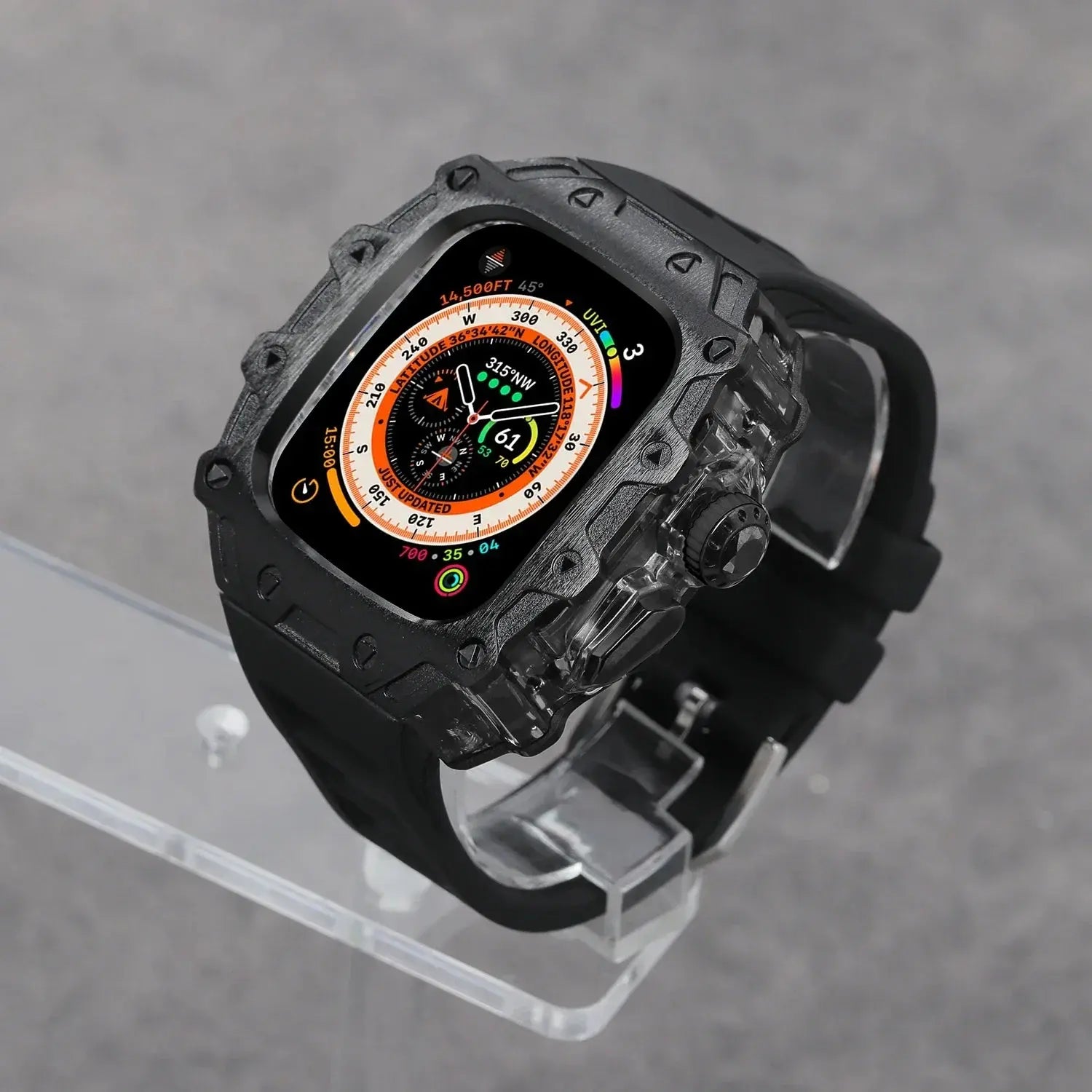 Kombination aus Gehäuse aus Titanlegierung und Fluorkautschukarmband für die Apple Watch Ultra und Ultra 2