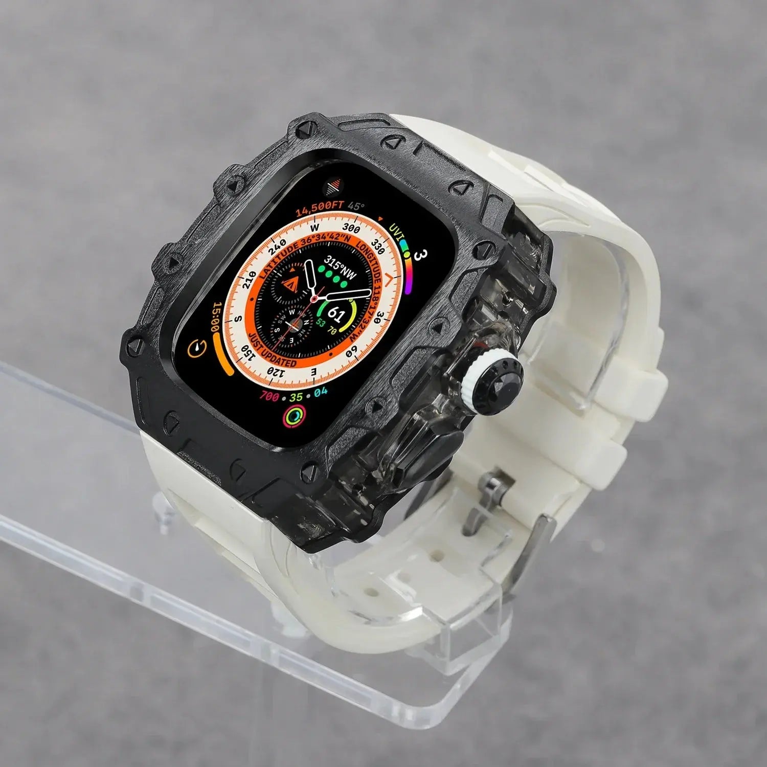 Kombination aus Gehäuse aus Titanlegierung und Fluorkautschukarmband für die Apple Watch Ultra und Ultra 2