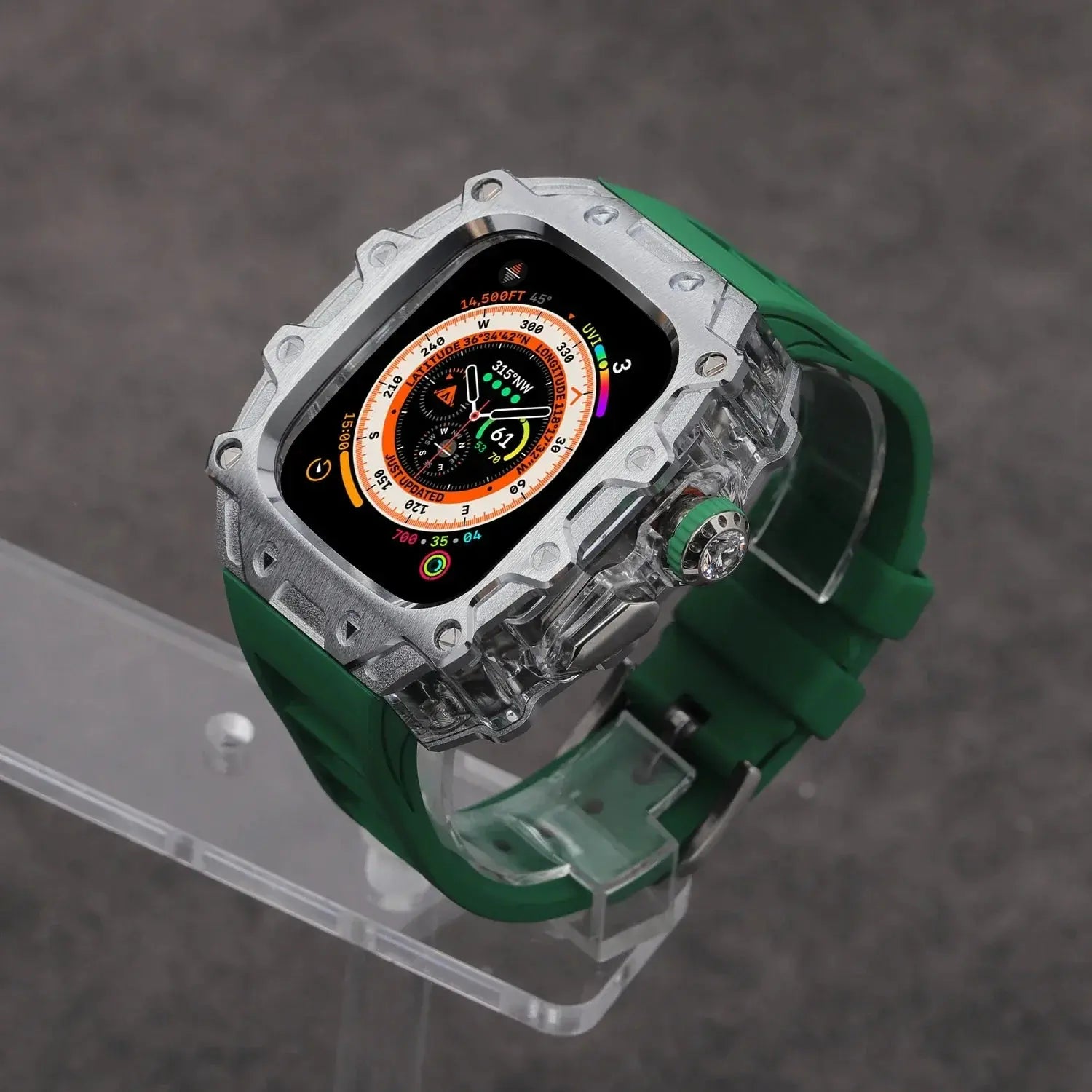 Kombination aus Gehäuse aus Titanlegierung und Fluorkautschukarmband für die Apple Watch Ultra und Ultra 2