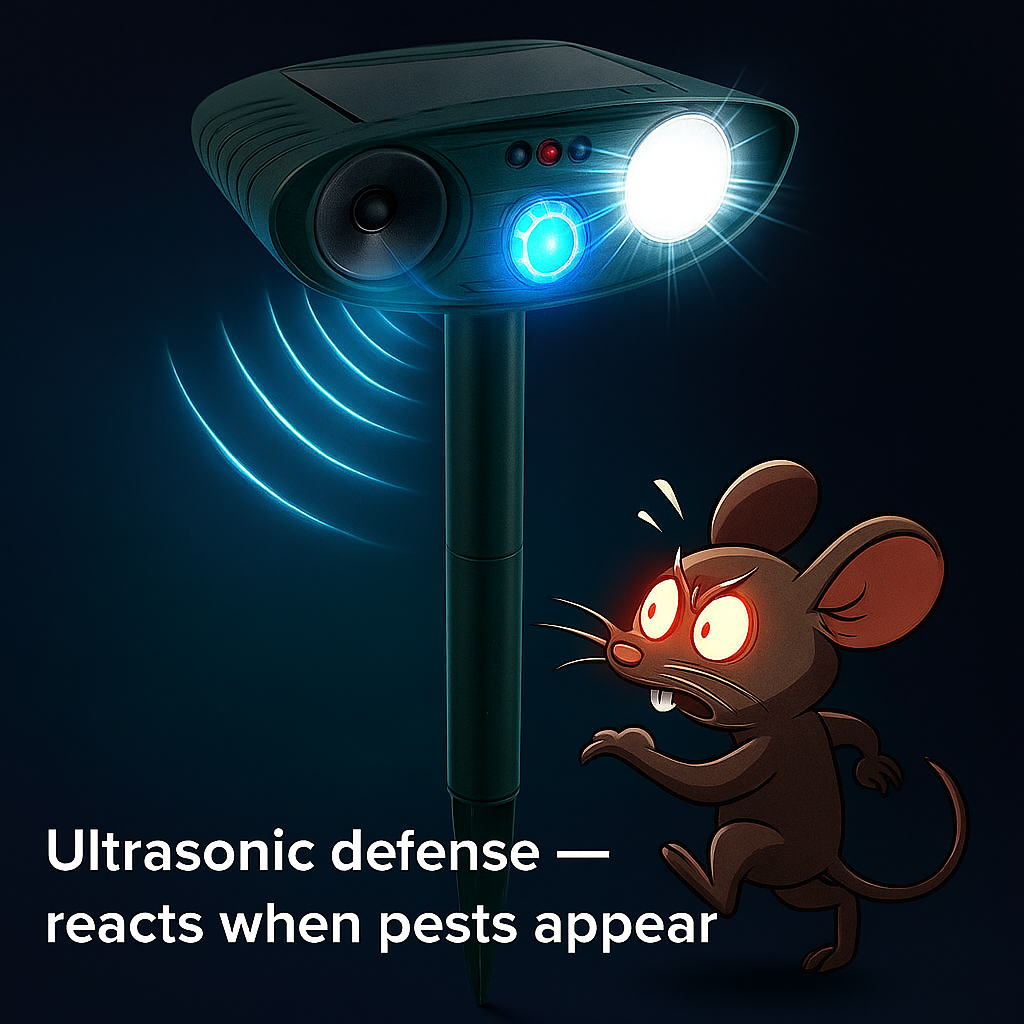 Solarbetriebener Ultraschall-Mäuseschreck für Außen – Wetterfest & Chemiefrei mit Bewegungssensor