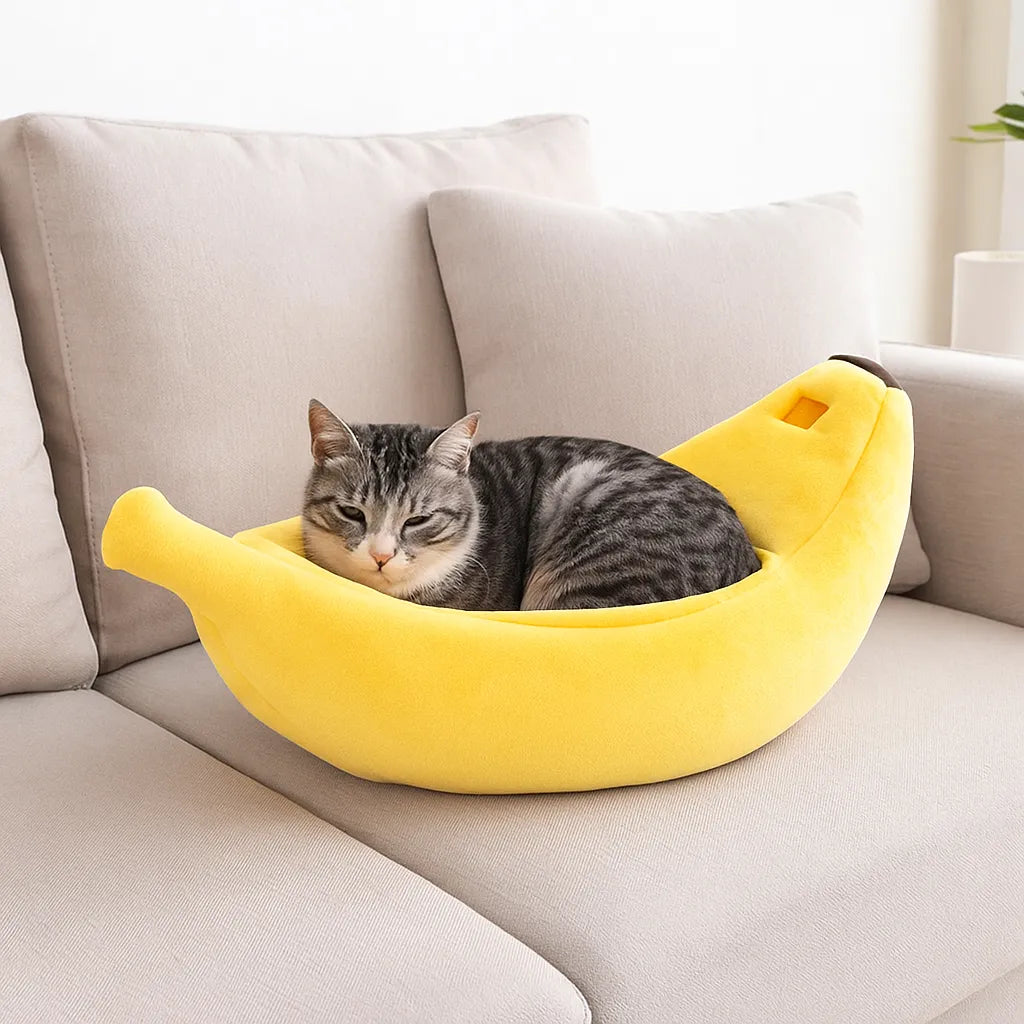 Katzenbett in Bananenform – Weiches Kuschelnest für Geborgenheit & besseren Schlaf