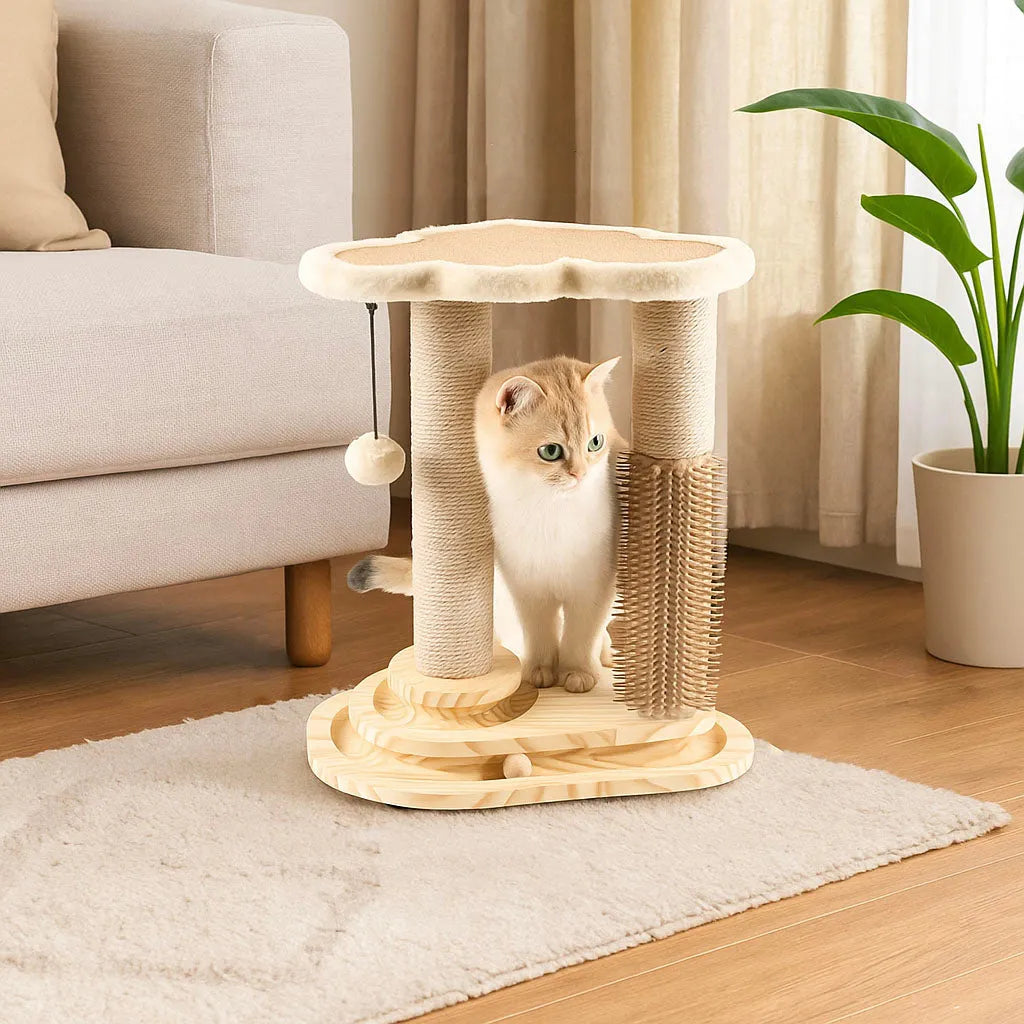 Katzen Kratzbaum mit Liegefläche & Spielbogen | Stabiler Kletterbaum