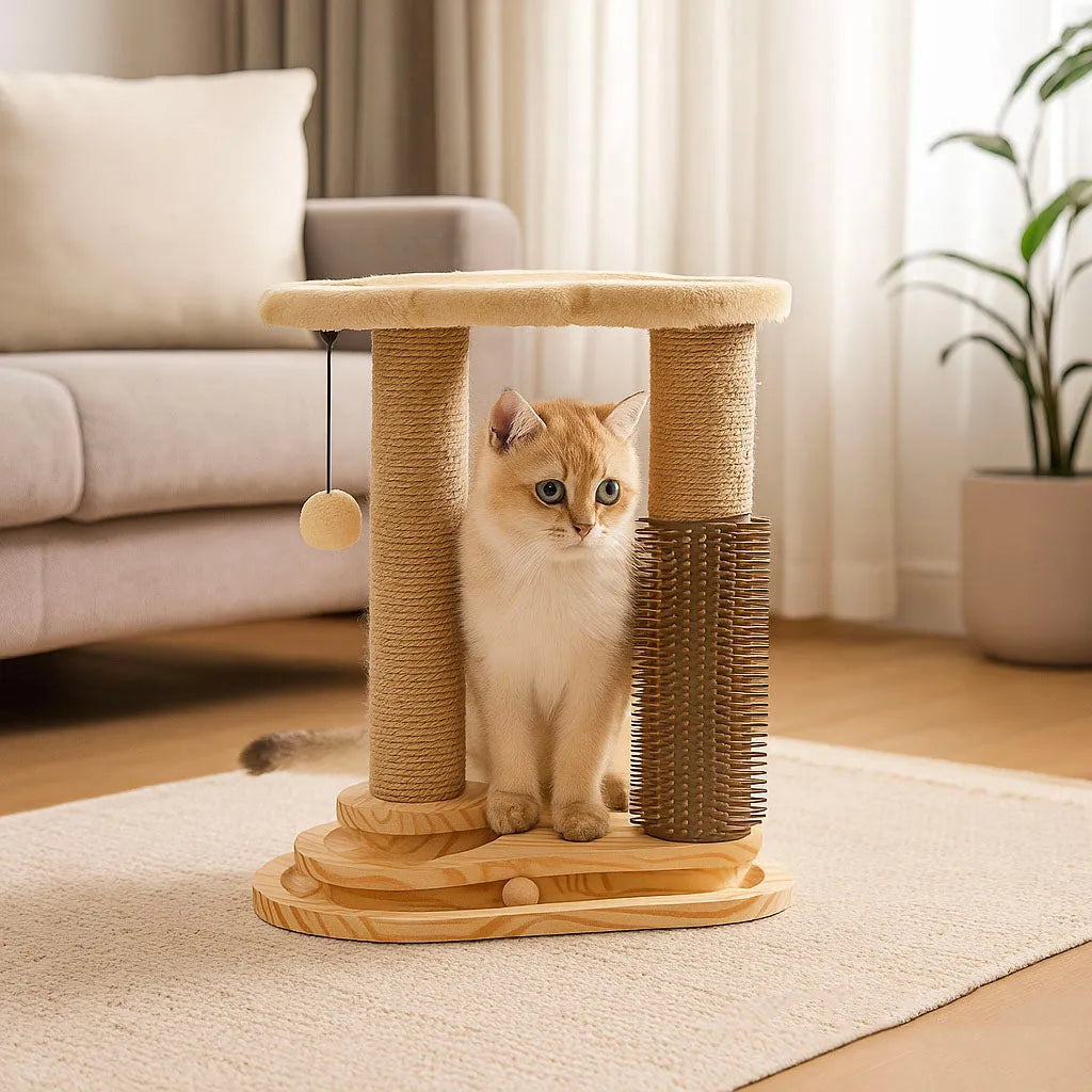 Katzen Kratzbaum mit Liegefläche & Spielbogen | Stabiler Kletterbaum