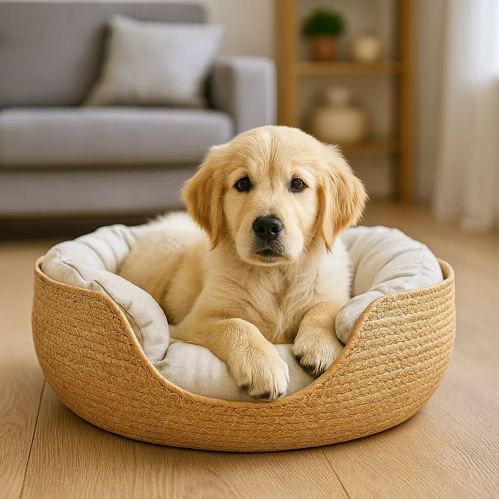 Hundebett geflochten – Atmungsaktiv & mit waschbarem Kissen