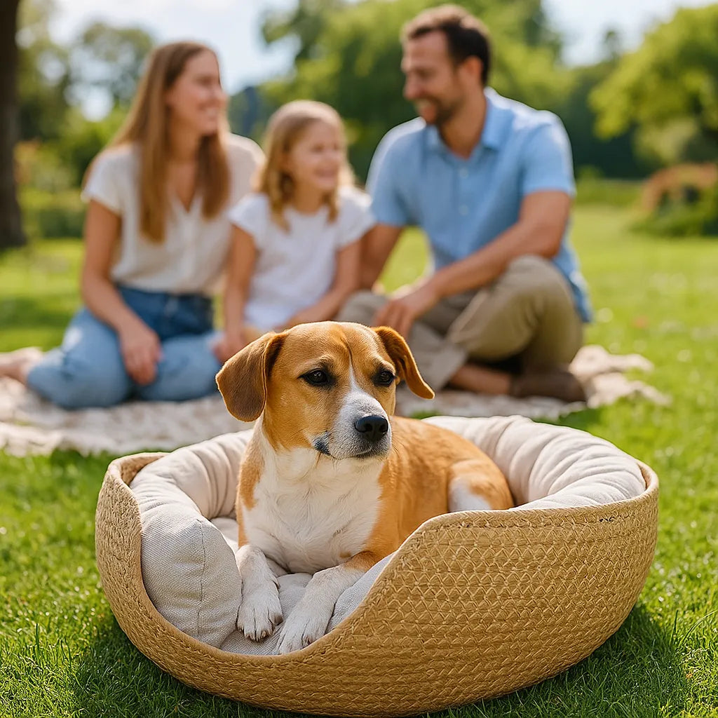 Hundebett geflochten – Atmungsaktiv & mit waschbarem Kissen