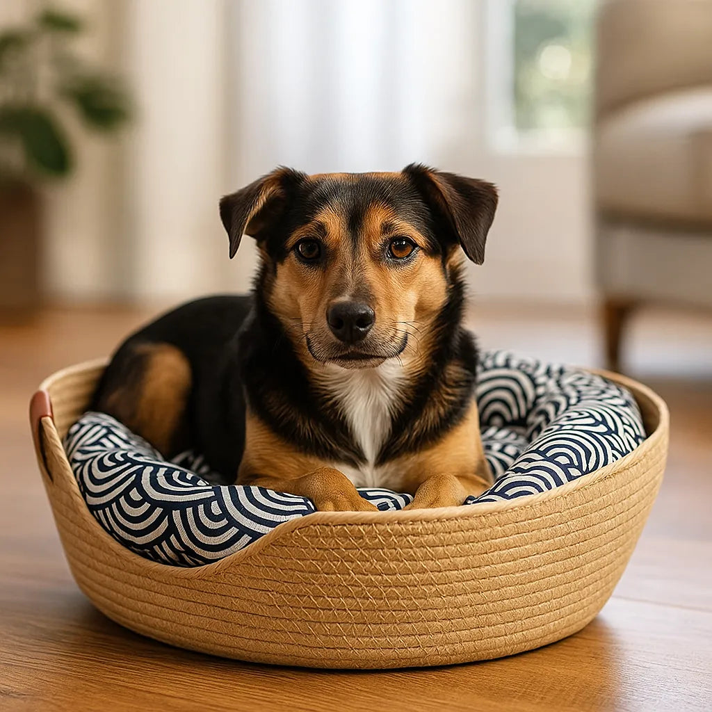 Hundebett geflochten – Atmungsaktiv & mit waschbarem Kissen