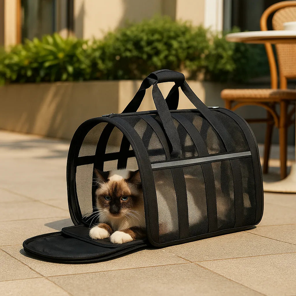 Katzen Transportbox weich & faltbar | Atmungsaktive Tragetasche mit Netz & Tragegriff