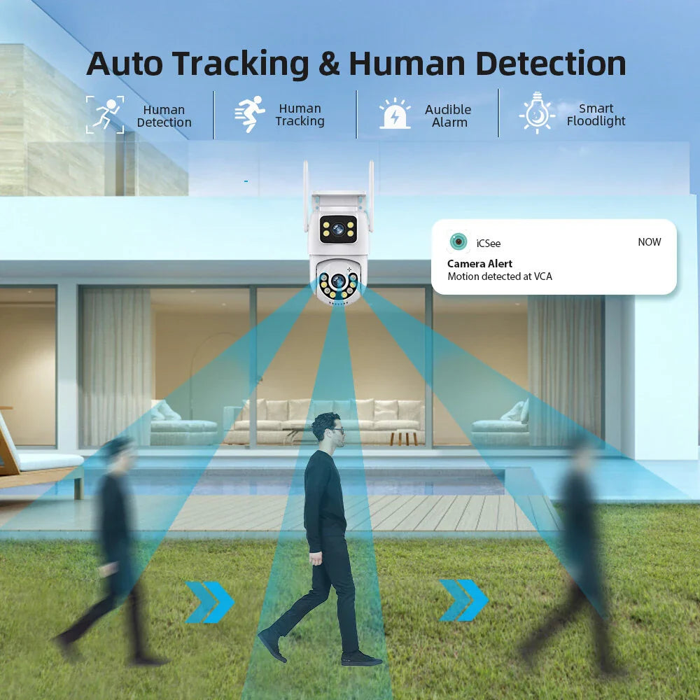 Dual-Lens 6MP WiFi IP Kamera mit Schwenk-Neigefunktion, Audio, Nachtsicht, Menschenerkennung, Cloud-Speicher, wasserdicht IP66, kompatibel mit icsee App