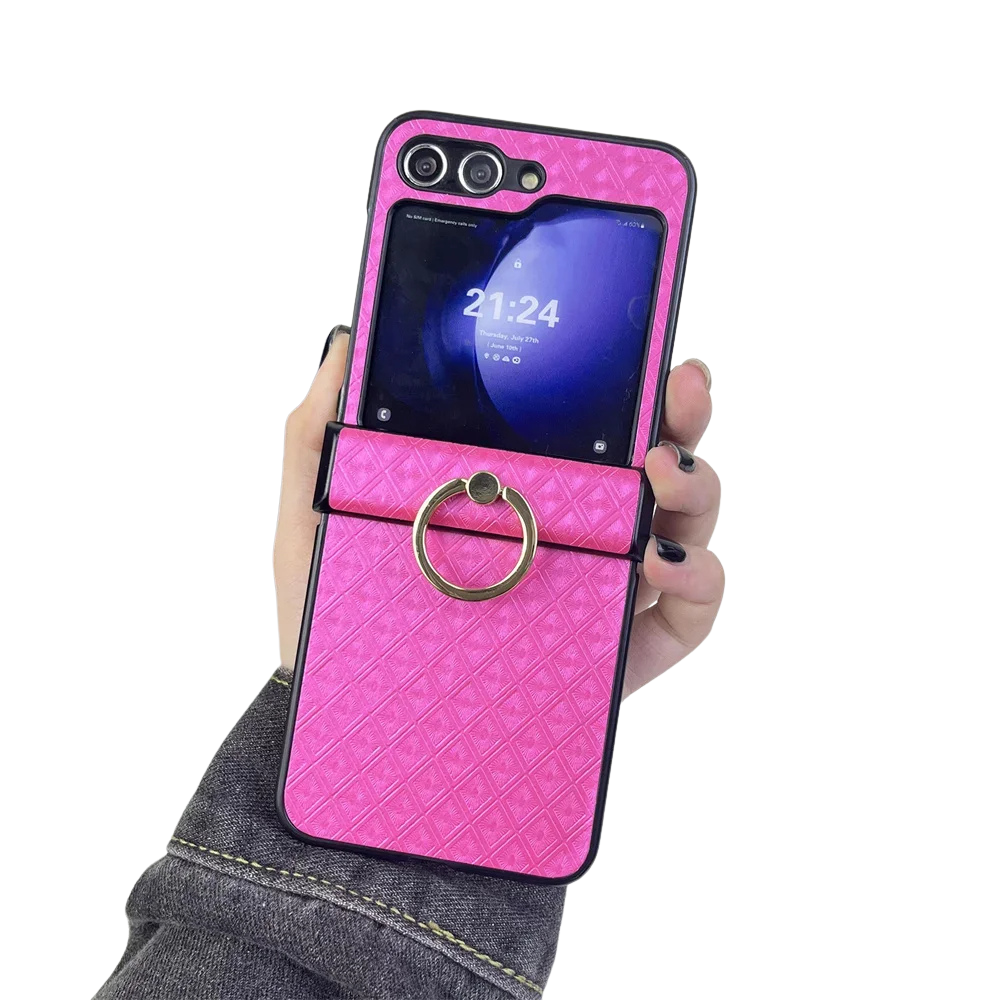 Diamond Grid Leder Samsung Z Flip Ring Halter Case