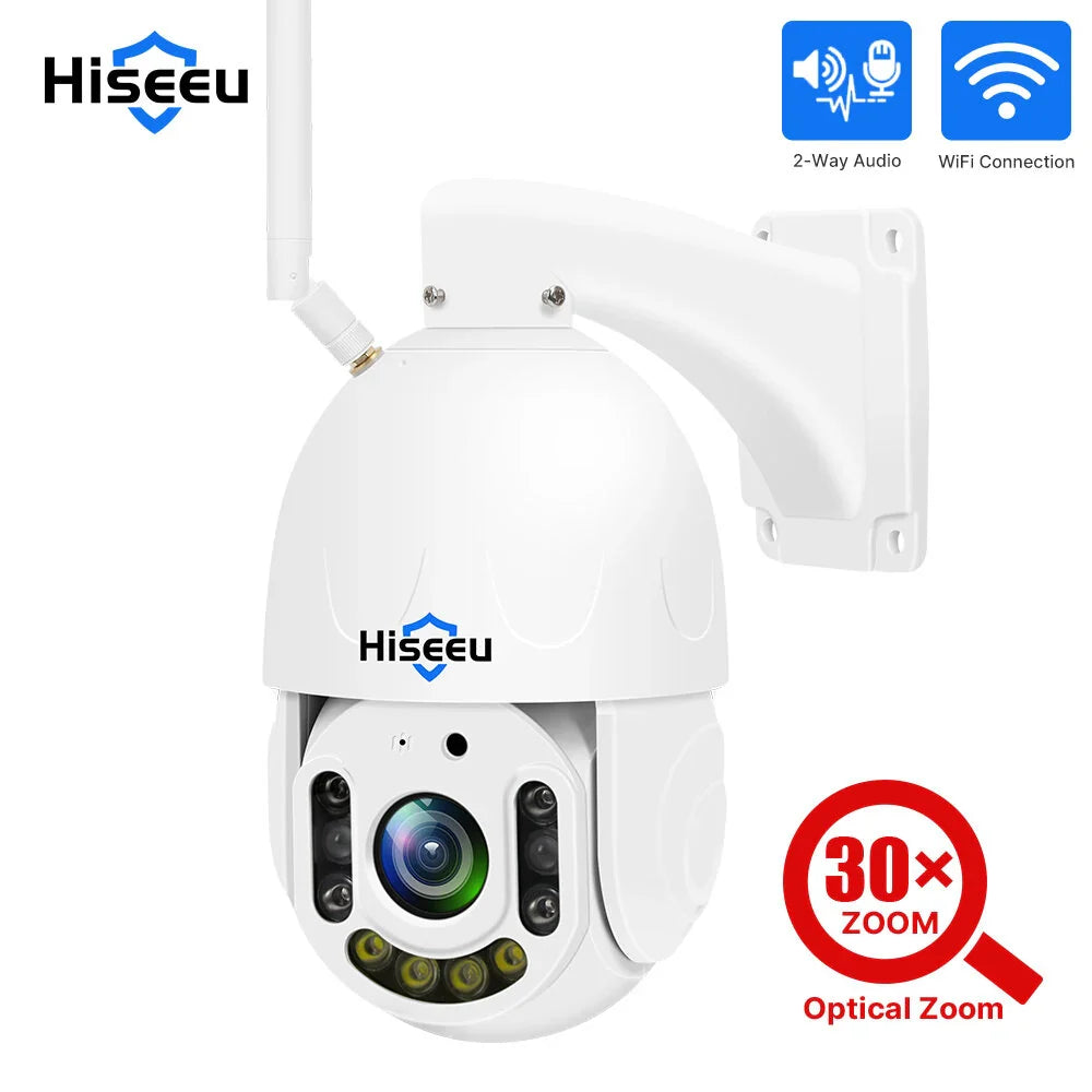 Hiseeu 5MP WiFi PTZ Kamera, 30X Zoom, Farb-Nachtsicht, 2-Wege Audio, IP66 Wasserdicht, Gesichts- & Humanoiderkennung, 2D/3D Rauschunterdrückung, ONVIF 2.0, H.265 Außen-Sicherheit