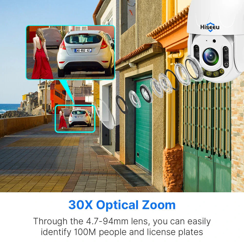 Hiseeu 5MP WiFi PTZ Kamera, 30X Zoom, Farb-Nachtsicht, 2-Wege Audio, IP66 Wasserdicht, Gesichts- & Humanoiderkennung, 2D/3D Rauschunterdrückung, ONVIF 2.0, H.265 Außen-Sicherheit