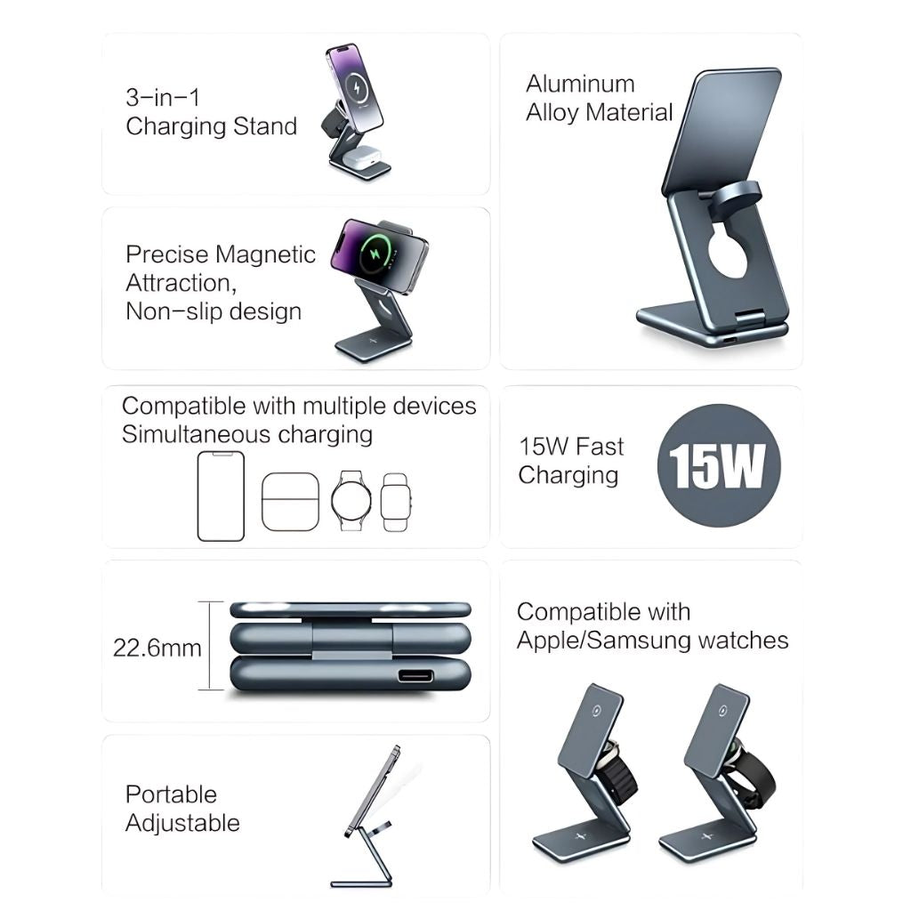 Evolved Chargers 3-in-1 faltbare Ladestation – Wireless Charger für iPhone, Apple Watch, AirPods