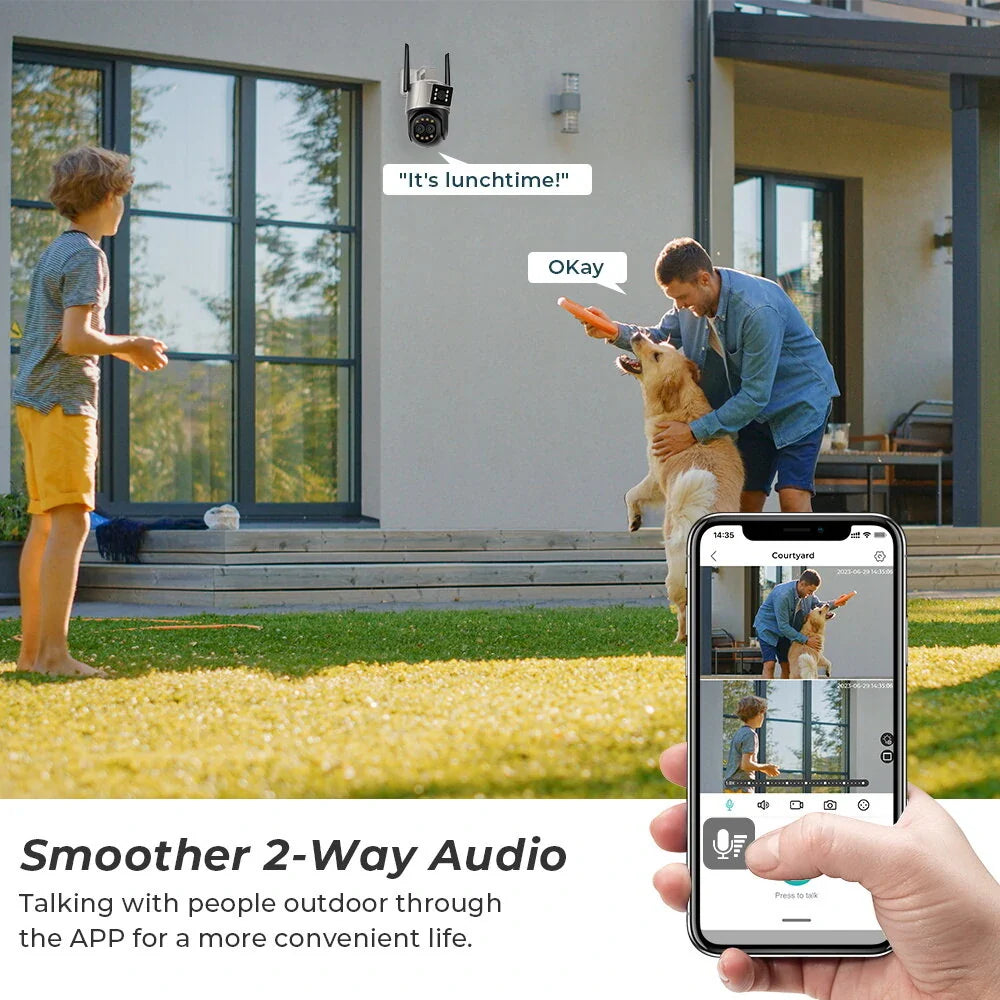 Guudgo 9MP 4K WiFi PTZ Sicherheitskamera, Triple Lens, Dual Screen, 8X Zoom, Nachtsicht, Menschenerkennung, 3MP Jede Linse, EU Stecker