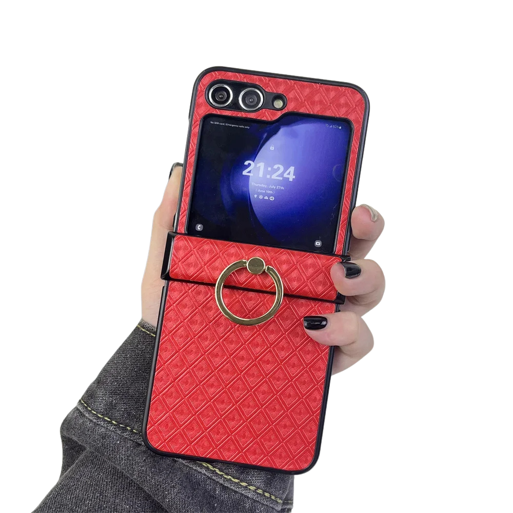 Diamond Grid Leder Samsung Z Flip Ring Halter Case