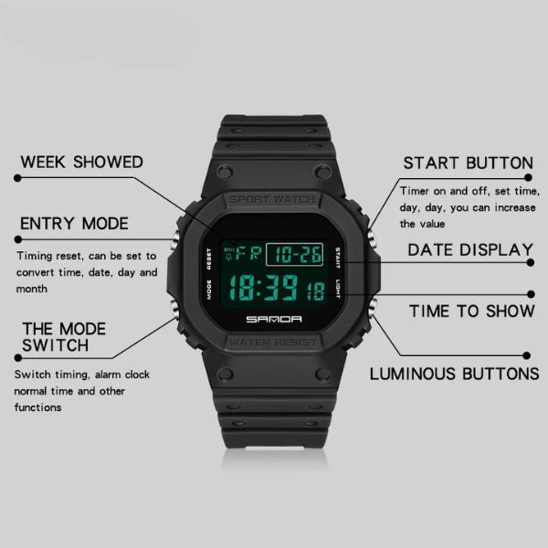 Taktische Schwarz-auf-Schwarz Sportuhr - Robustes digitales Design mit wasserdichter nicht-analoger Uhr