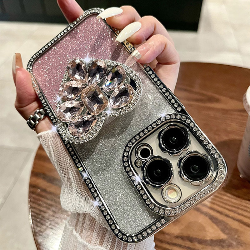 Leichte Luxus-Elektroplattierungs-Rhinestone-Liebe-Ständer iPhone-Hülle