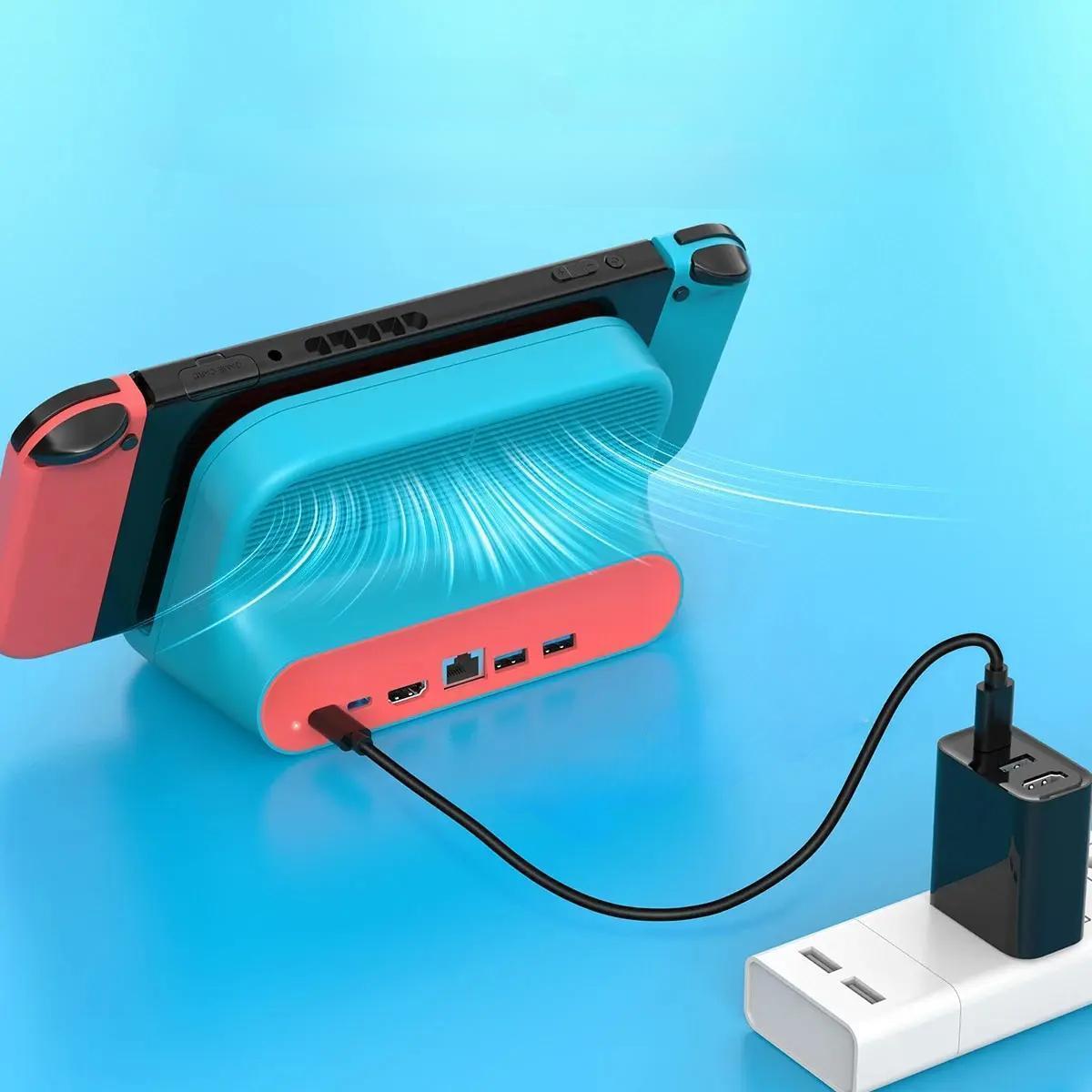 USB-C Game Hub Dockingstation und Kühlventilator – 6-in-1 HDMI 2.0, Dual USB 2.0, RJ45, 100W PD und Kühlventilator für Nintendo Switch/OLED
