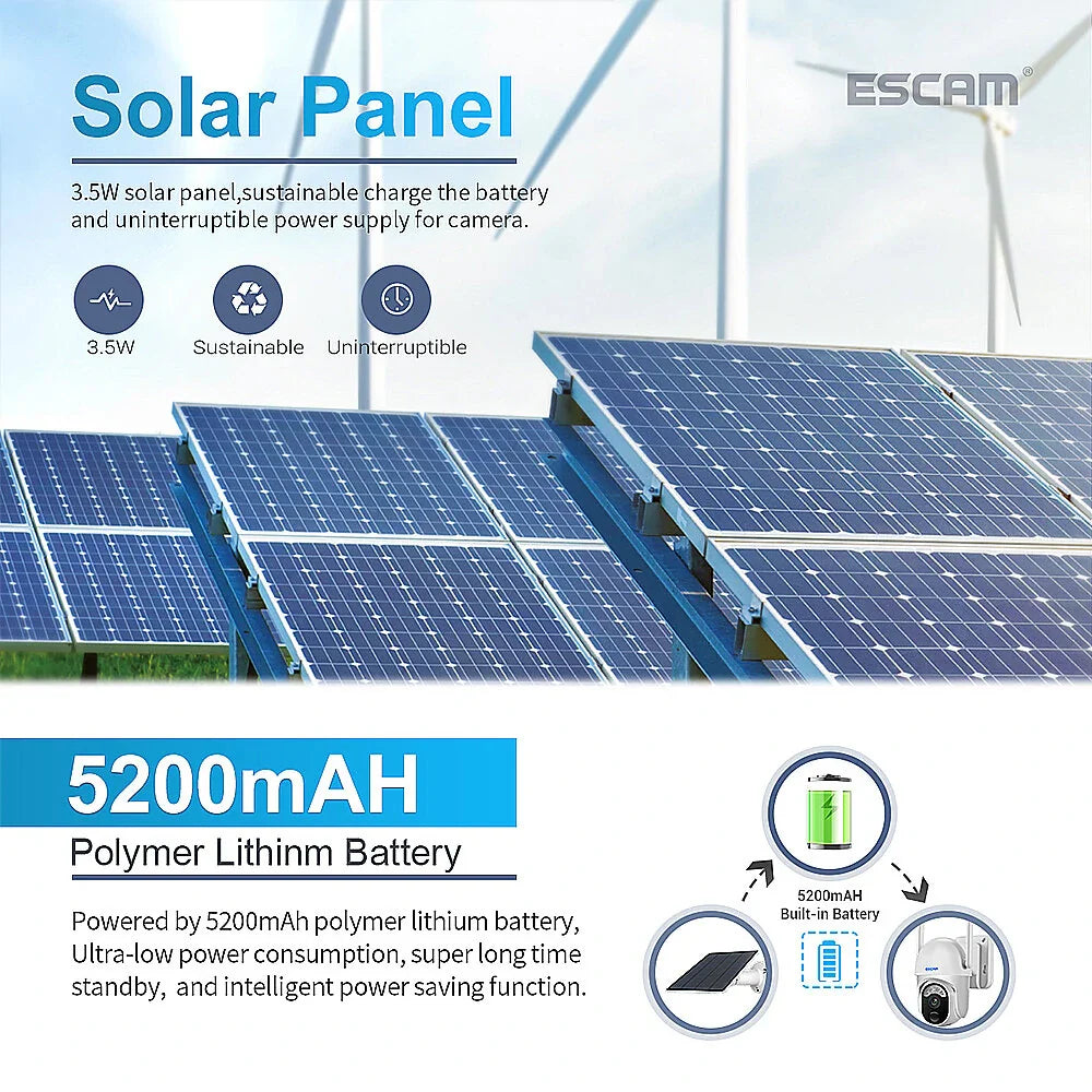 ESCAM QF103 3MP Solar-betriebene WiFi IP-Kamera, kabelloses PTZ, Nachtsicht, menschliche Erkennung, Zwei-Wege-Audio, IP66 wasserdicht PIR-Alarm für die Haussicherheit