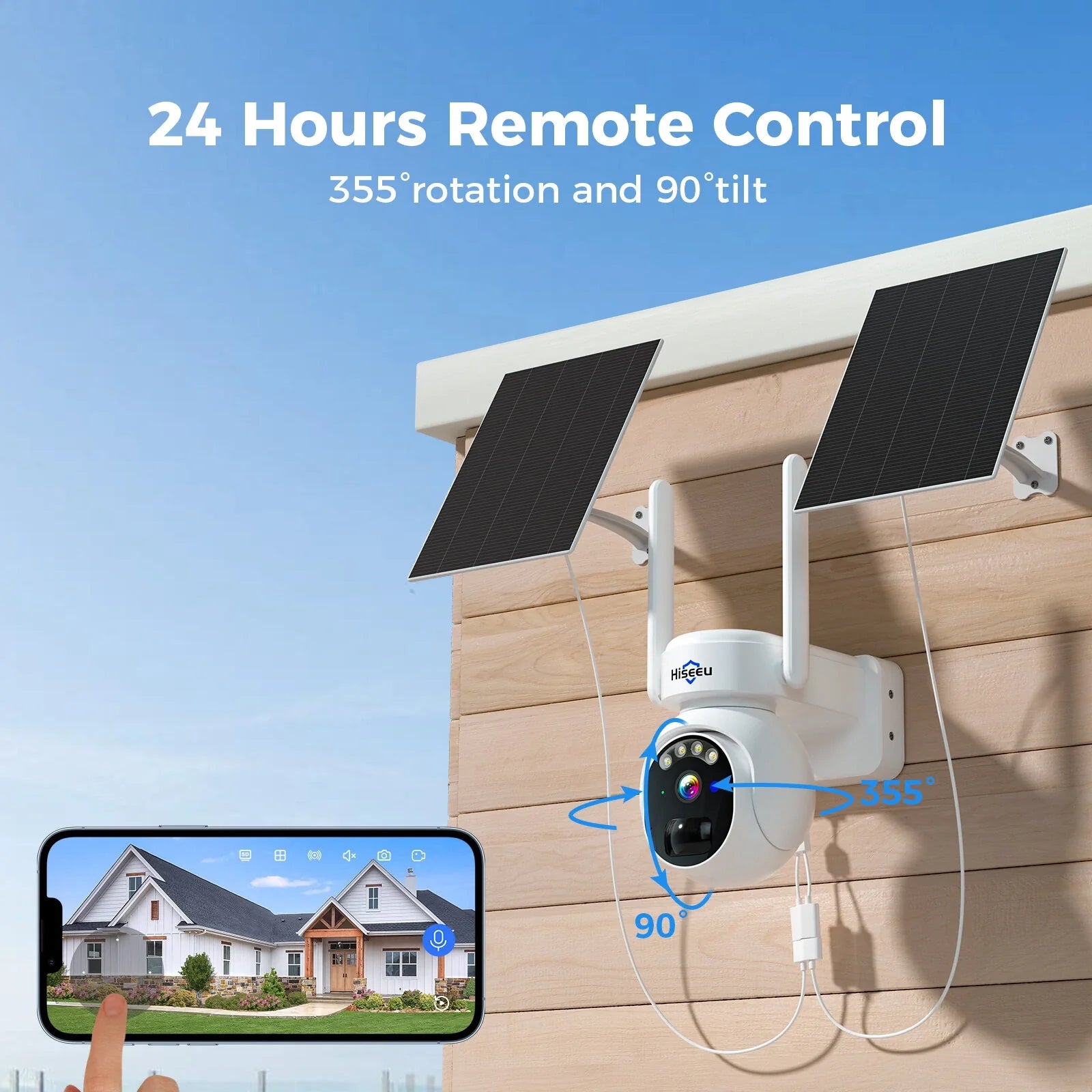 Hiseeu 4MP PTZ Solar-betriebene Wireless-Sicherheitskamera, Nachtsicht, PIR-Humanoiderkennung, IP66 wasserdicht, WiFi-Smart-Home-System