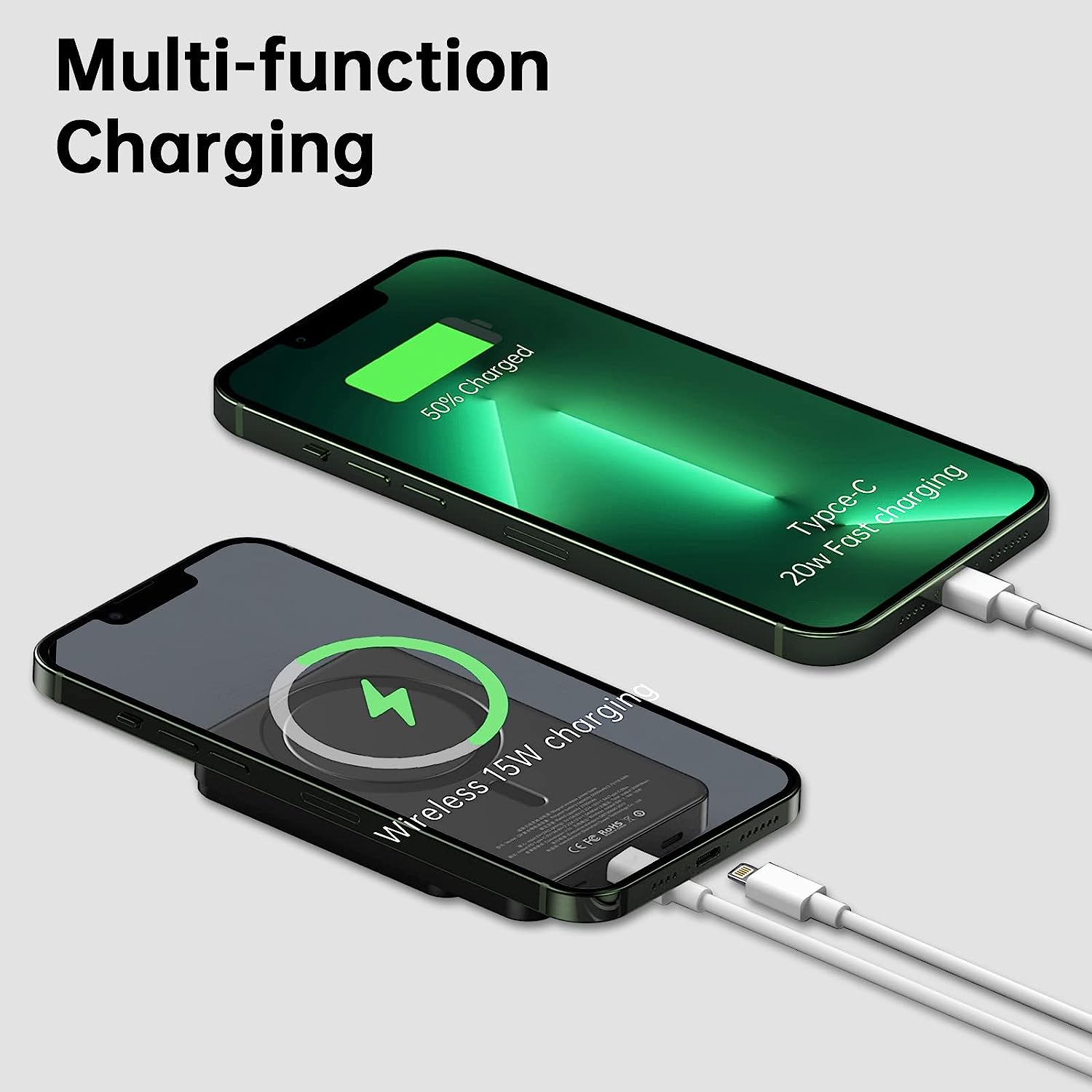 POFULL Magnetische Mobile Power Bank – 20W PD+QC Schnellladung, 15W Kabelloses Laden, Aluminiumgehäuse
