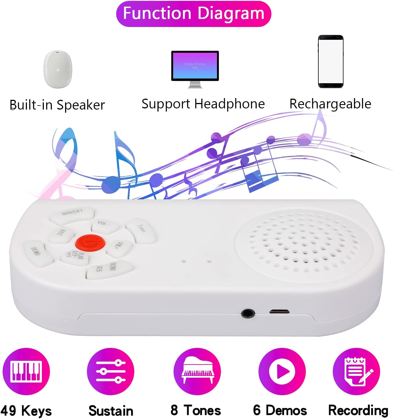 Tragbares Roll-Up Klavier-Keyboard 49 Tasten, wiederaufladbar, 8 Töne, Lautsprecher & Kopfhöreranschluss, inkl. Tasche