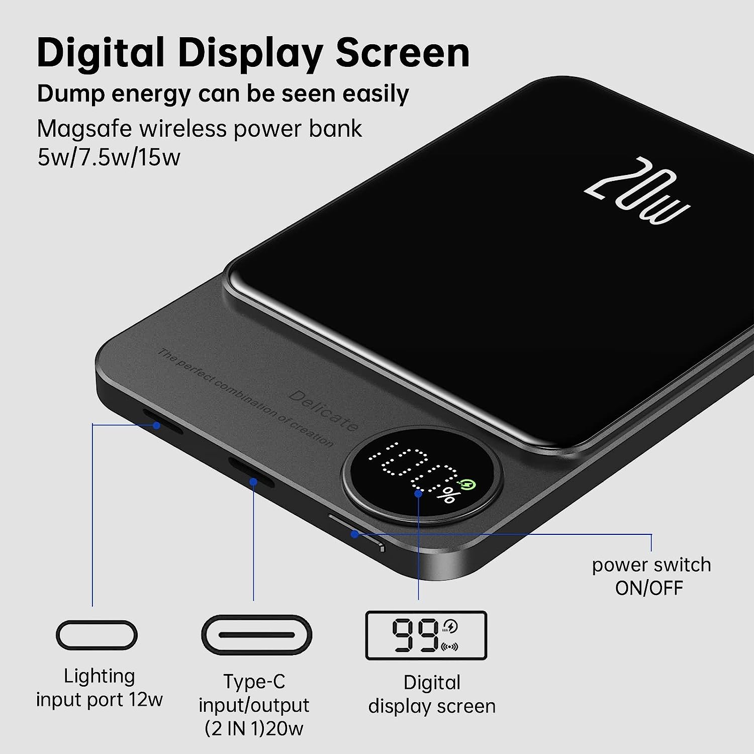 POFULL Magnetische Mobile Power Bank – 20W PD+QC Schnellladung, 15W Kabelloses Laden, Aluminiumgehäuse
