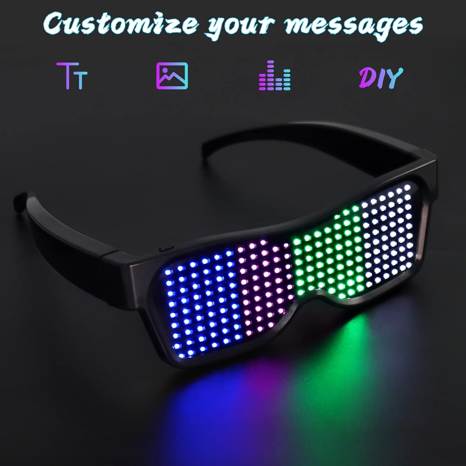 Programmierbare LED-Brille – Verwandeln Sie jede Party in ein Lichtspektakel – App-steuerbar – vollständig anpassbar – ideal für Partys – 32 Animationen, 11 Bilder – lange Akkulaufzeit und wiederaufladbar über USB – komfortabel – langlebig – Schwarz