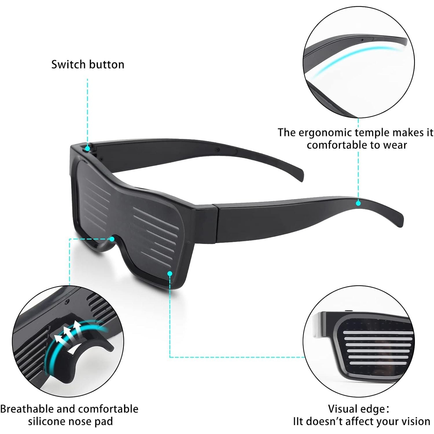 Programmierbare LED-Brille – Verwandeln Sie jede Party in ein Lichtspektakel – App-steuerbar – vollständig anpassbar – ideal für Partys – 32 Animationen, 11 Bilder – lange Akkulaufzeit und wiederaufladbar über USB – komfortabel – langlebig – Schwarz