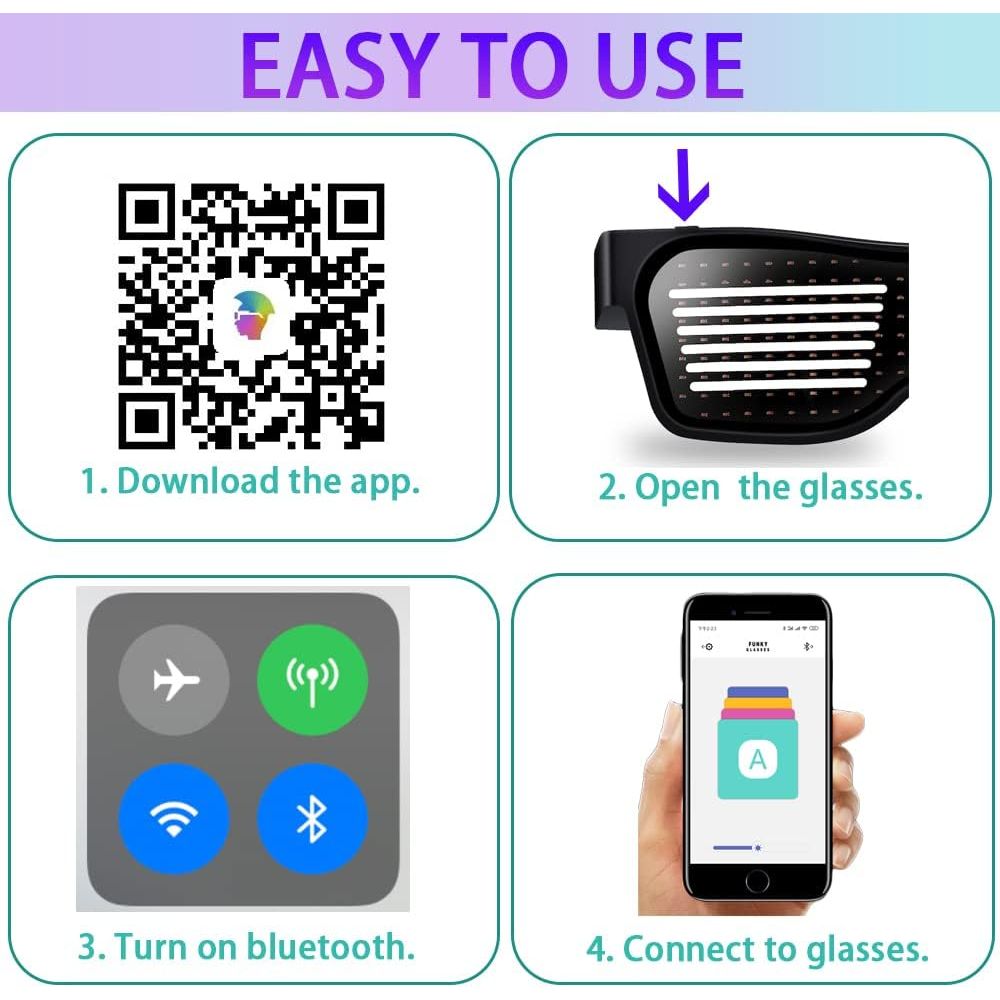 Programmierbare LED-Brille – Verwandeln Sie jede Party in ein Lichtspektakel – App-steuerbar – vollständig anpassbar – ideal für Partys – 32 Animationen, 11 Bilder – lange Akkulaufzeit und wiederaufladbar über USB – komfortabel – langlebig – Schwarz