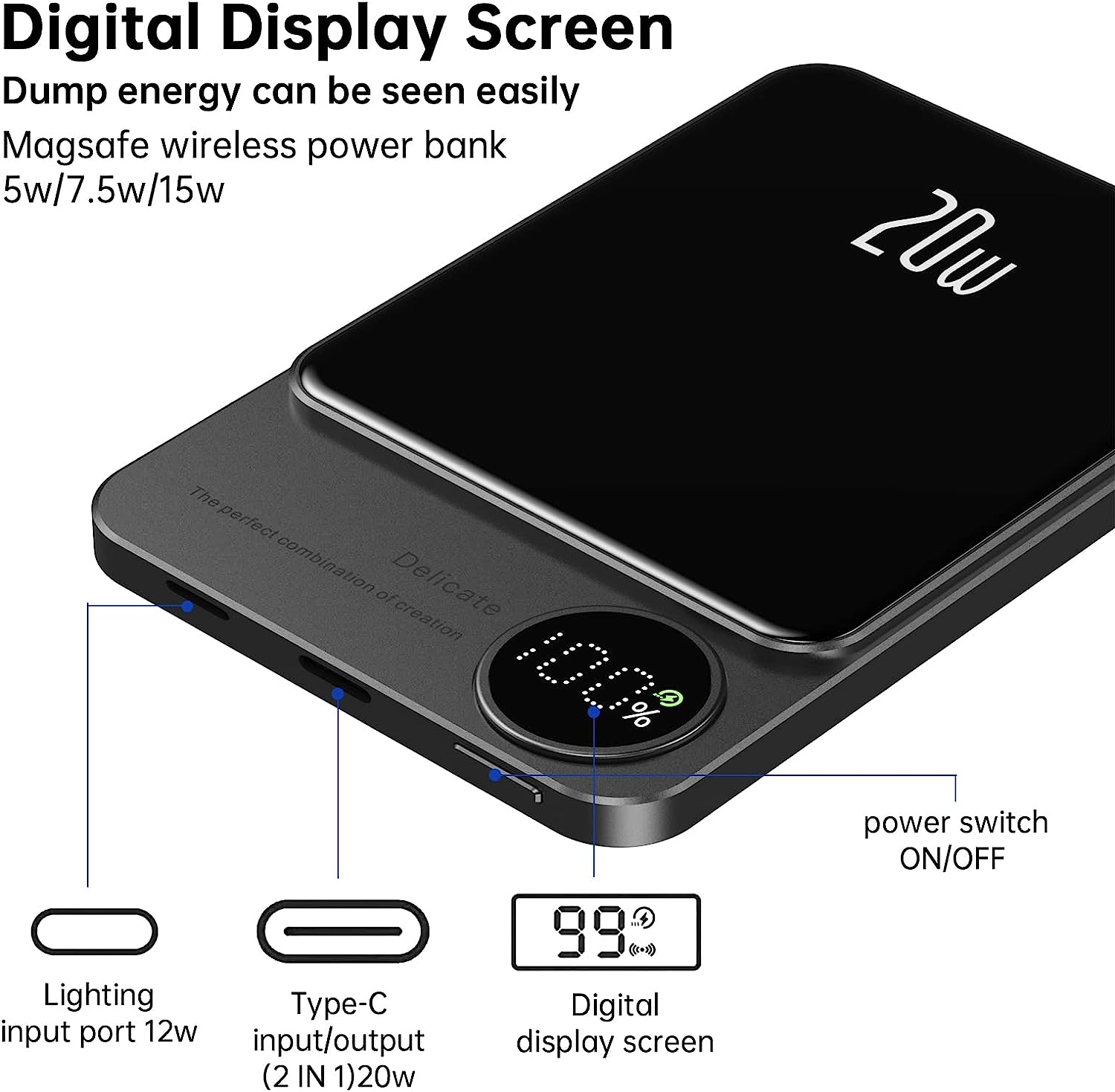 POFULL Magnetische Mobile Power Bank – 20W PD+QC Schnellladung, 15W Kabelloses Laden, Aluminiumgehäuse
