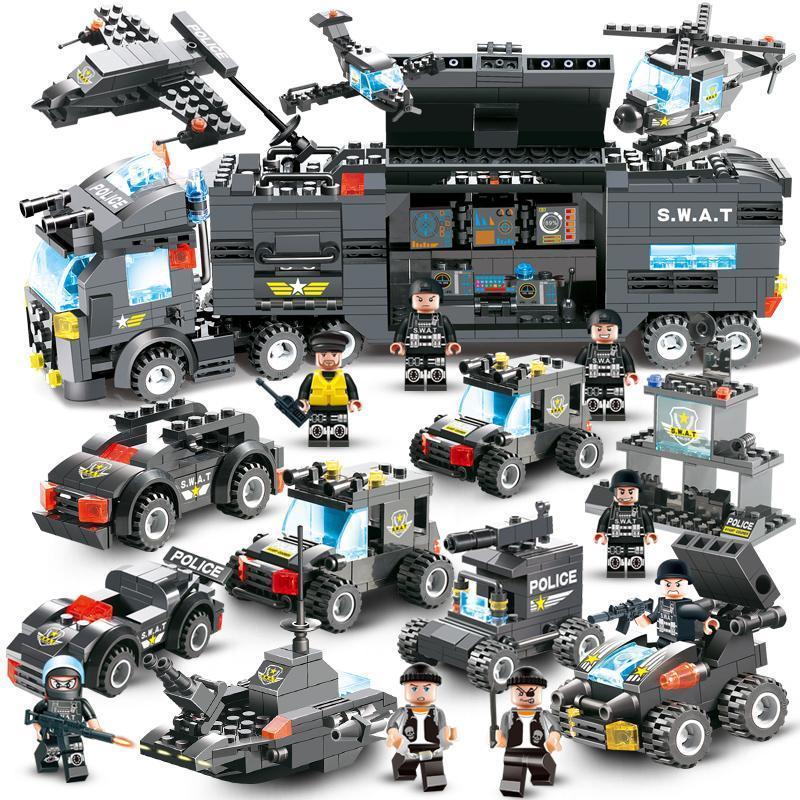 8 IN 1 Stadt Polizei Truck Station Baukasten Serie SWAT Spielzeug Geschenk Für Kinder
