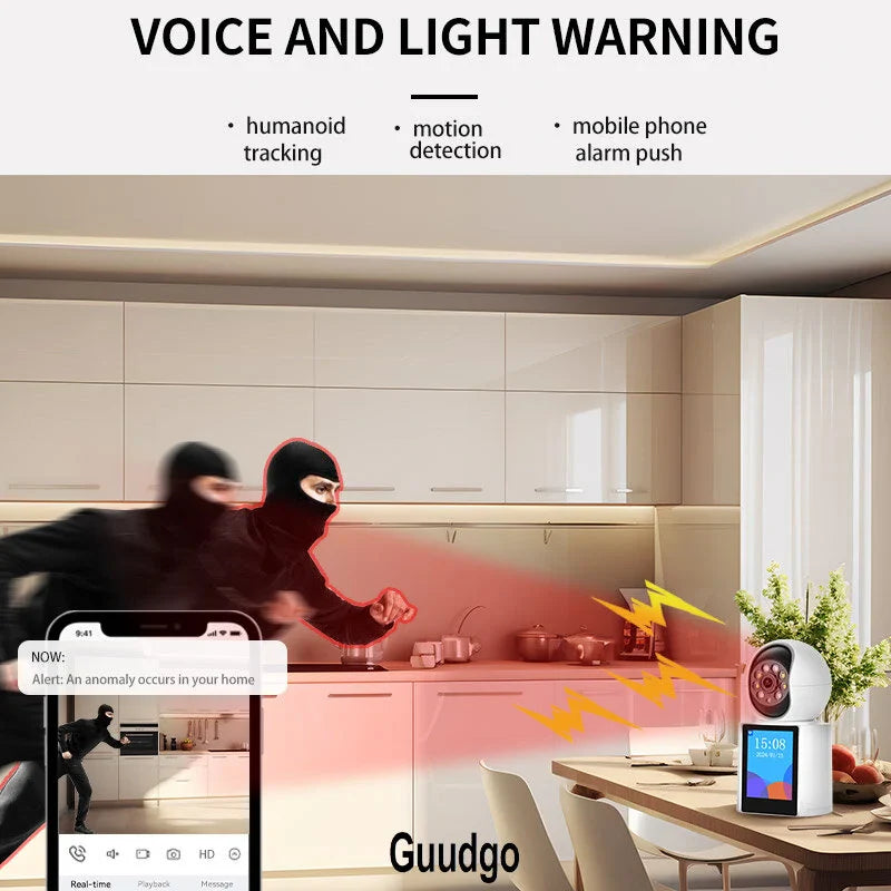 Guudgo 3MP WLAN PTZ IP Dome Kamera mit 2,8 IPS Bildschirm, Nachtsicht, humanoider Verfolgung, Alarmbenachrichtigung, Babyphone, iCSEE APP, Gegensprechanlage und Fernbedienung