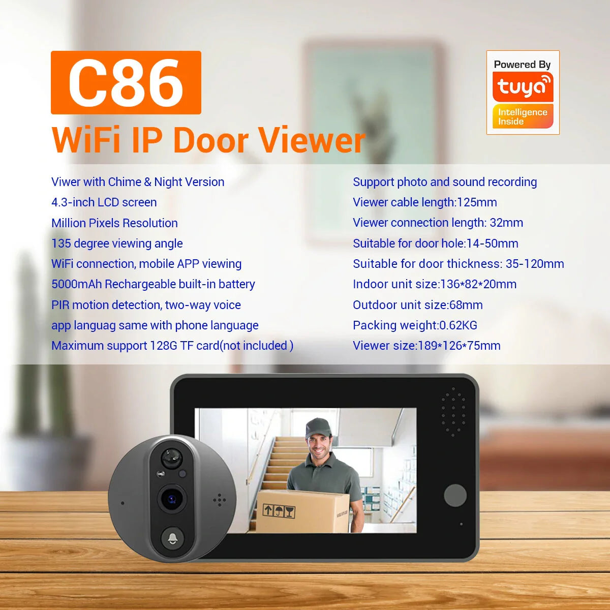 Tuya Smart 1080P WiFi Türklingel Kamera mit 4,3-Zoll-Display, Gegensprechfunktion, Nachtsicht und Home Security Viewer