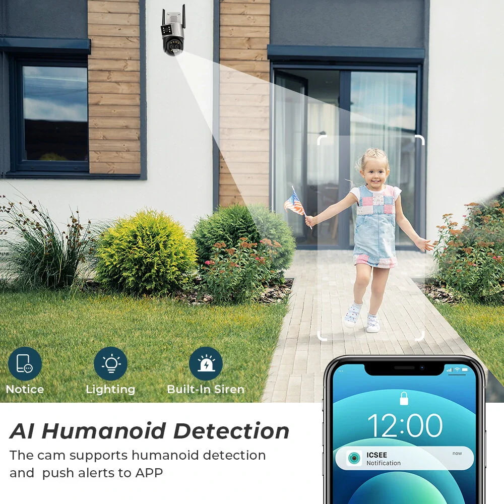 Guudgo 9MP 4K WiFi PTZ Sicherheitskamera, Triple Lens, Dual Screen, 8X Zoom, Nachtsicht, Menschenerkennung, 3MP Jede Linse, EU Stecker