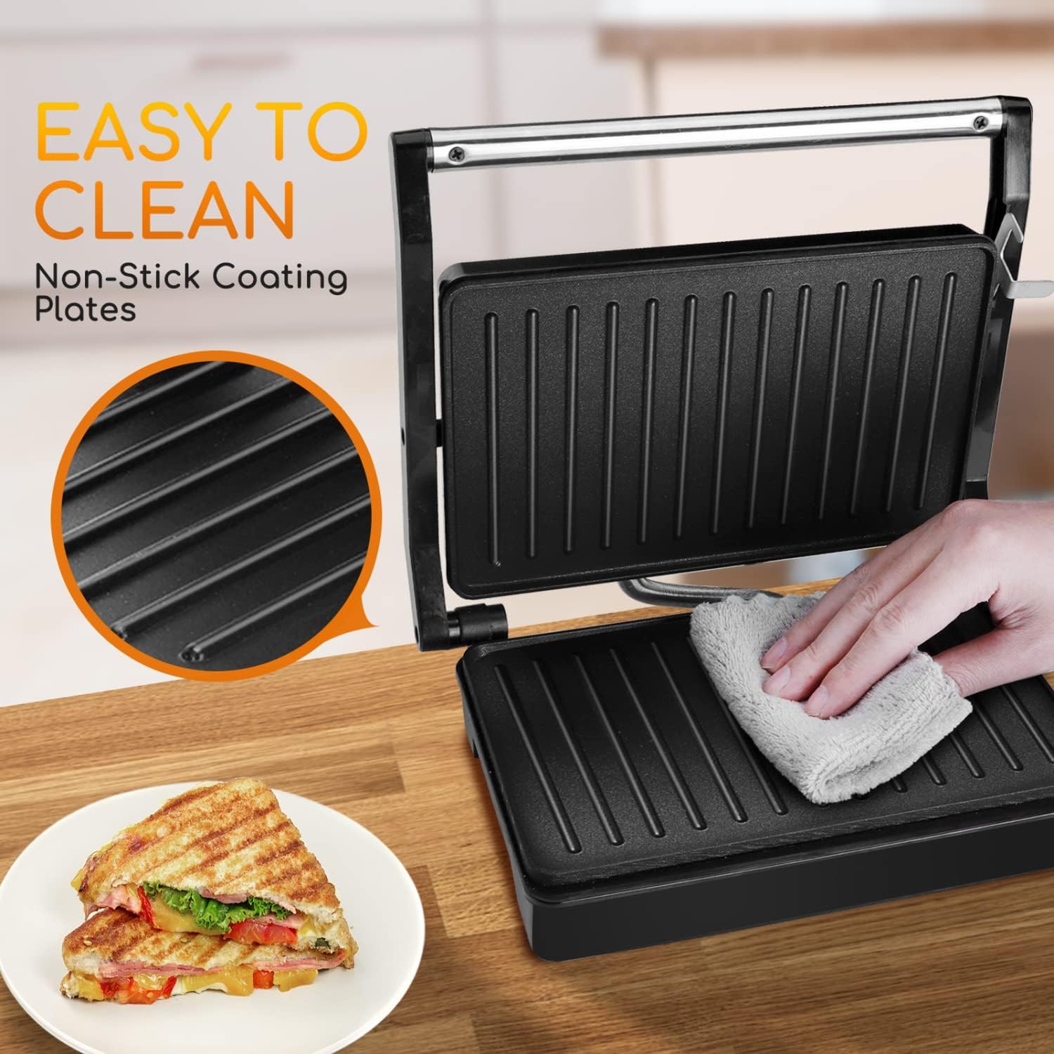 Panini Grill Sandwichmaker 1000W mit Antihaftplatten, Verstellbarem Scharnier & Temperaturkontrolle